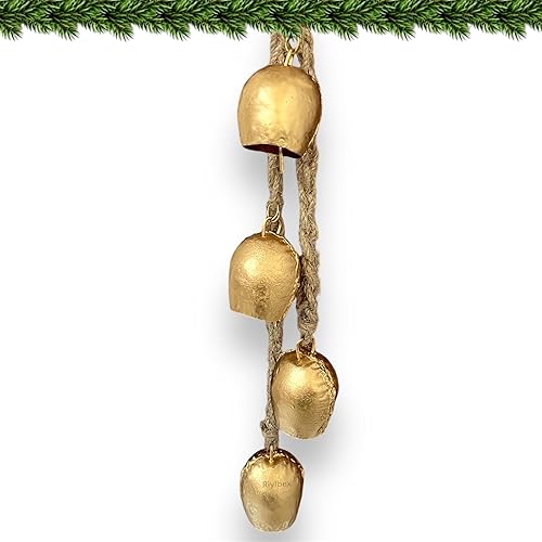 Juego de 4 campanas de metal dorado de Navidad con cuerda para colgar de yute, campanas decorativas vintage para colgar en la pared, acabado de