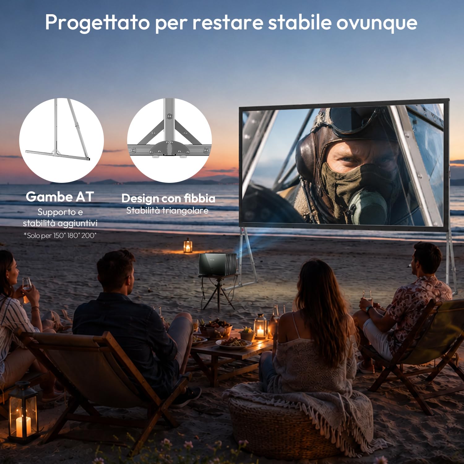 Schermo per Proiettore da Esterno con Treppiede, Portatile e Pieghevole, 4K UHD 16:9, Telaio in Alluminio, Gain 1.3, per Campeggio, Giardino e Home Cinema, 100 Pollici