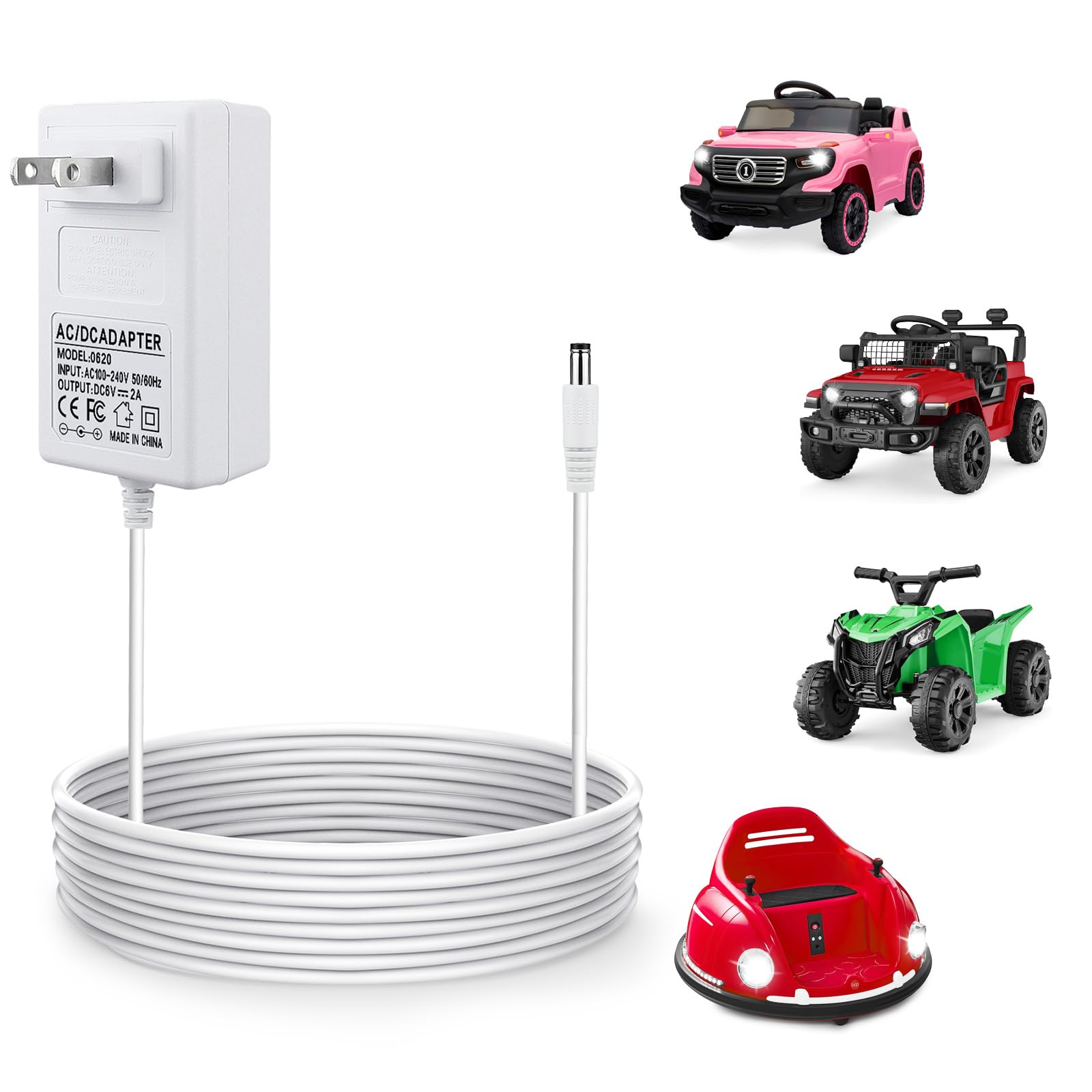 6 Volt Charger for Kids Ride On Car Toys, 6V Battery Charger for Best Choice Products SUV,Power Supply with Indicator Light, White