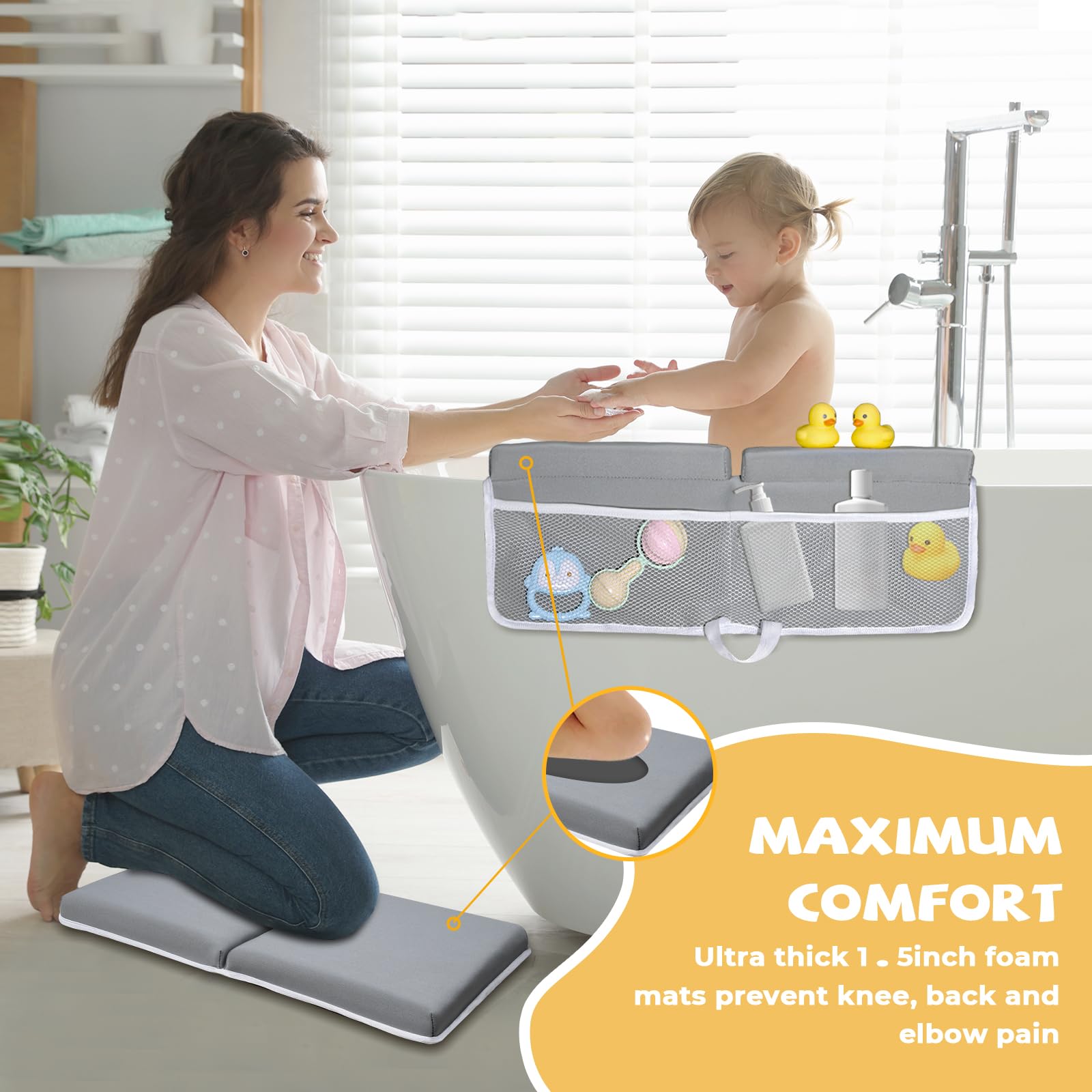 Baby-Badewannen-Knie- und Ellenbogenstütze, schnell trocknend, dick, weich, rutschfest, Baby-Badewannenmatte zum Babybaden, Baby-Zubehör-Organizer, Geschenke für Eltern, Grau