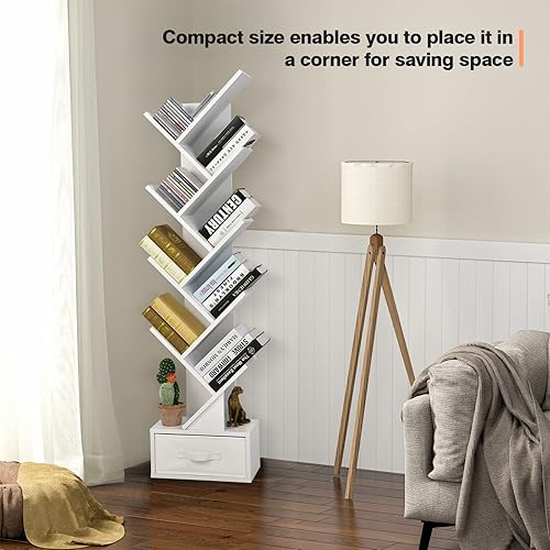 Miniatura 25 de Tangkula Estantería de árbol de 10 niveles con cajón, estantería rústica de esquina de 10 estantes que ahorra espacio, estantes organizadores de