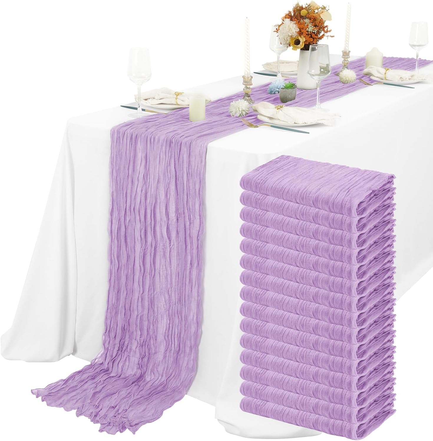15 Packs Cheesecloth Table Runner Lavender Semi-Sheer Table Runner 55x300cm, Rustic Gauze Boho Table Runner, Wedding Table Decor Table Cloth for Bridal Shower Party Wedding Holiday — image 1