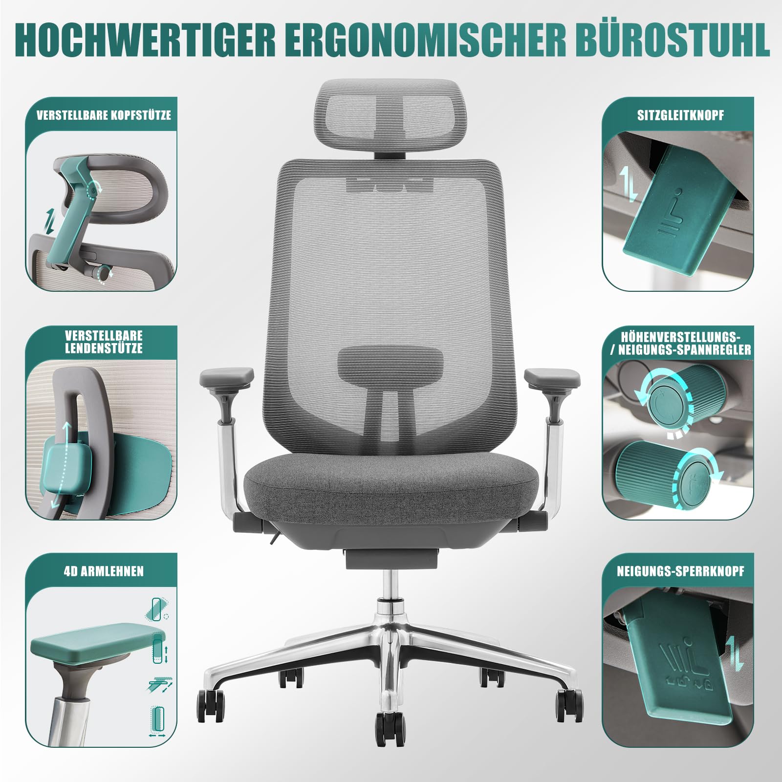 COLAMY XK Atlas Ergonomischer Netz-Bürostuhl, Chefsessel mit hoher Rückenlehne, Verstellbarer Kopfstütze und 4D-Armen, Schiebesitz, Kippsperre, Aluminium-Basis, Dunkelgrau