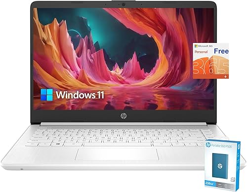 HP Laptop Stream HD de 14 pulgadas, procesador Intel Celeron, memoria de 16 GB, almacenamiento eMMC de 64 GB, carga rápida, HDMI, batería de hasta
