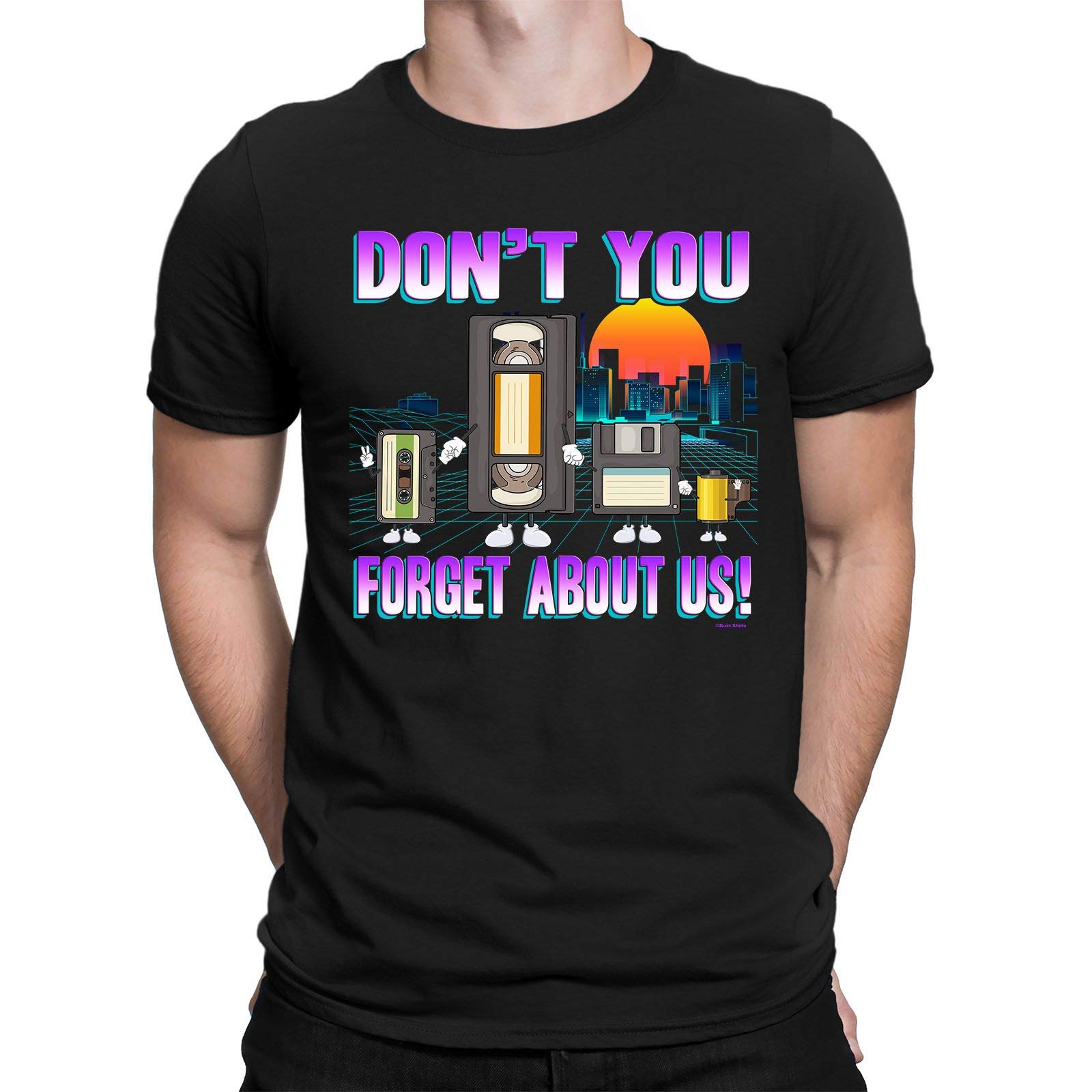 buzz shirts Dont You Forget About Us, Mens Novelty Organic Cotton VHS T-Shirt 80s Cassette Top Black