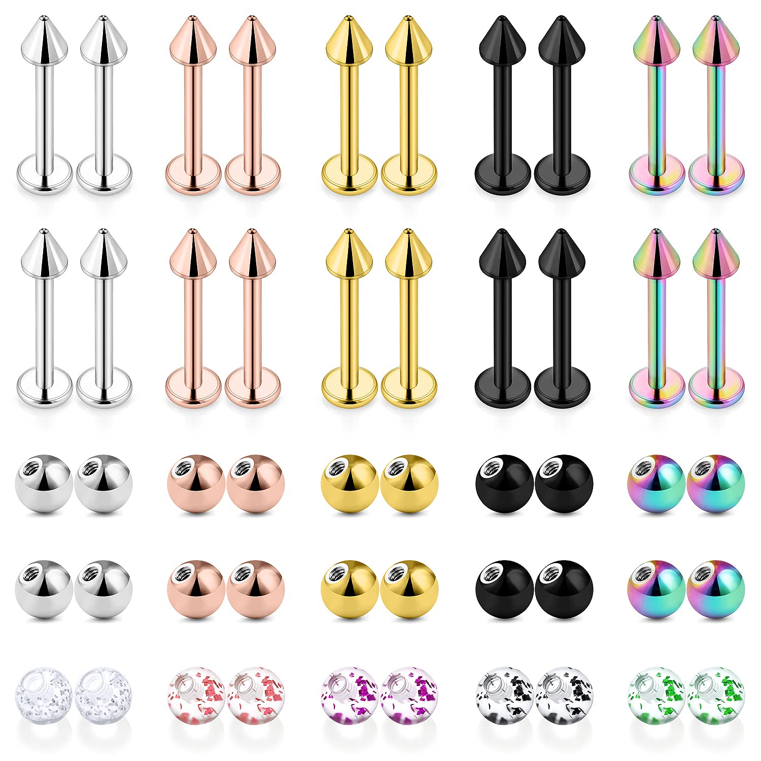 Ftovosyo20Pcs Lip Rings + 30Pcs Replacement Balls 16G Surgical Steel Labret Studs Medusa Piercing Jewelry for Women Men Externally Threaded Barbell Parts