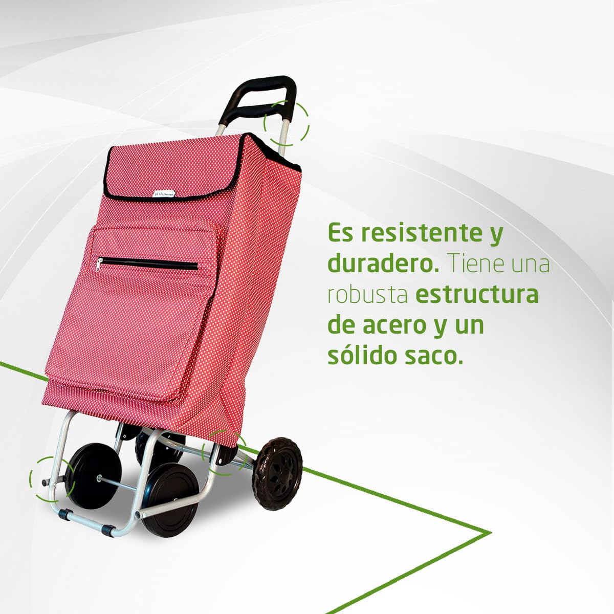 Amig - Carro de la Compra de 4 Ruedas - Bolsillo Exterior para Congelados - Carga Máxima 15kg - Capacidad de 48 litros - 22x40x106 cm - Rojo con Lunares Blancos