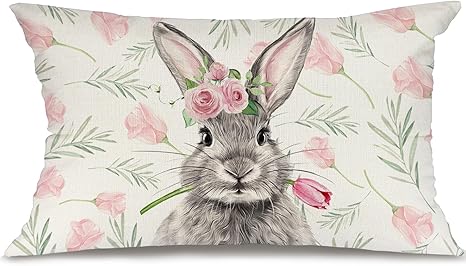GEEORY Easter Pillow Cover 12x20 Inch Bunny & Tulip Farmhouse Decor