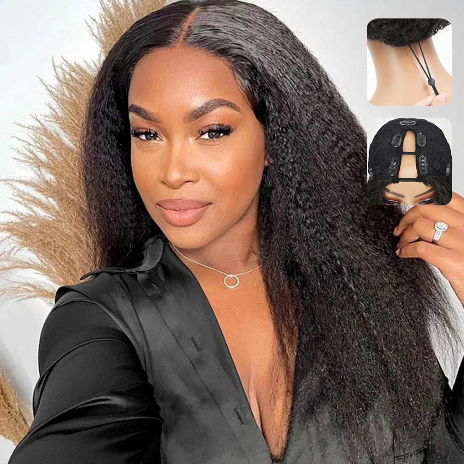 sterly Kinky Straight 250 Density V Part Wig Human Hair Glueless No Leave Out No Sew Upgrade U Part Wigs Yaki Straihgt Wigs For Women Full Head Clip In Half Wigs (V part Kinky Straight, 20 Inch)