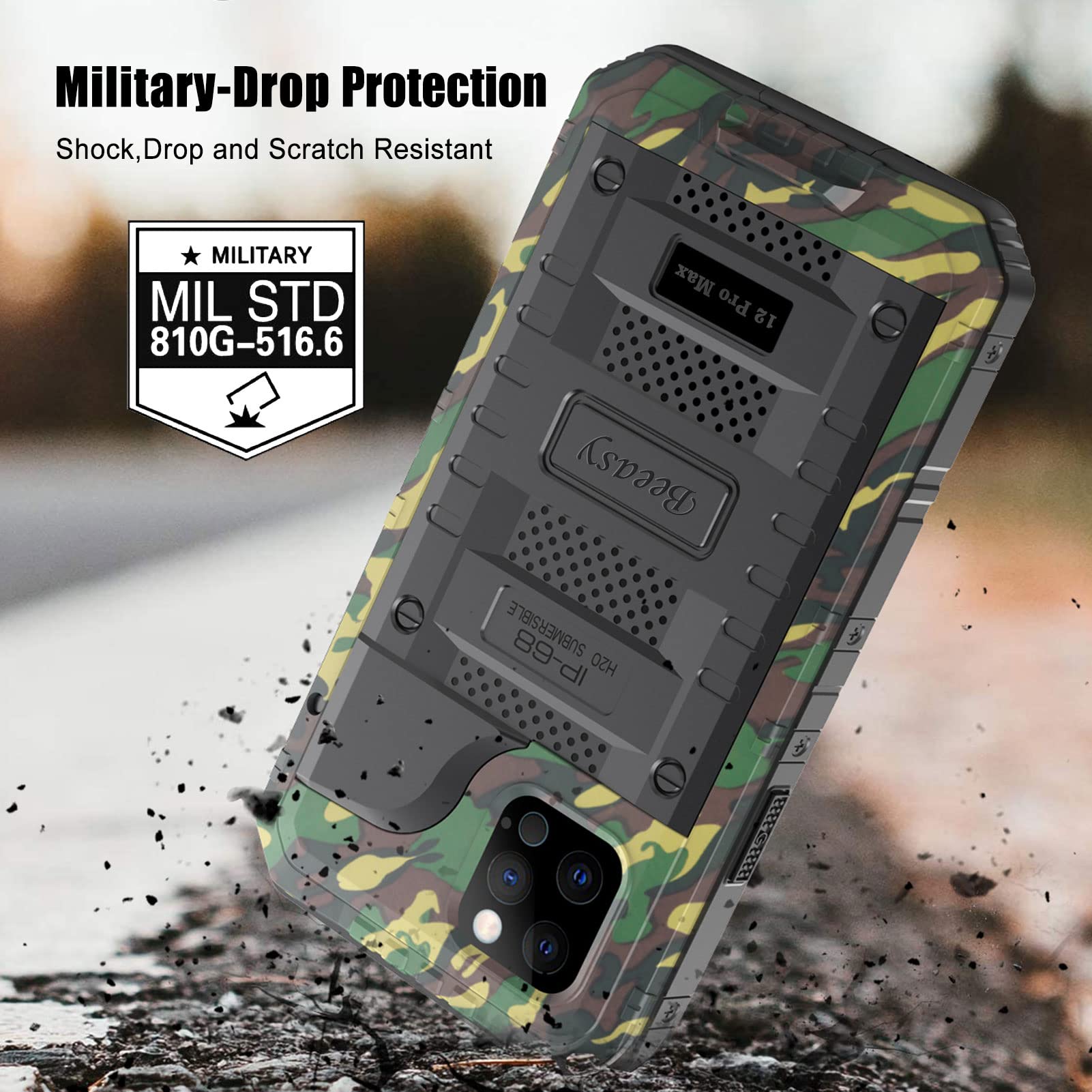Beeasy Funda para iPhone 12 Pro MAX Impermeable Antigolpes Militar Metálica - IP68 Waterproof Agua Sumergible Acuatica, 360 Grado Completa Protectora, Irrompible Resistente Armor Carcasa, Camouflage