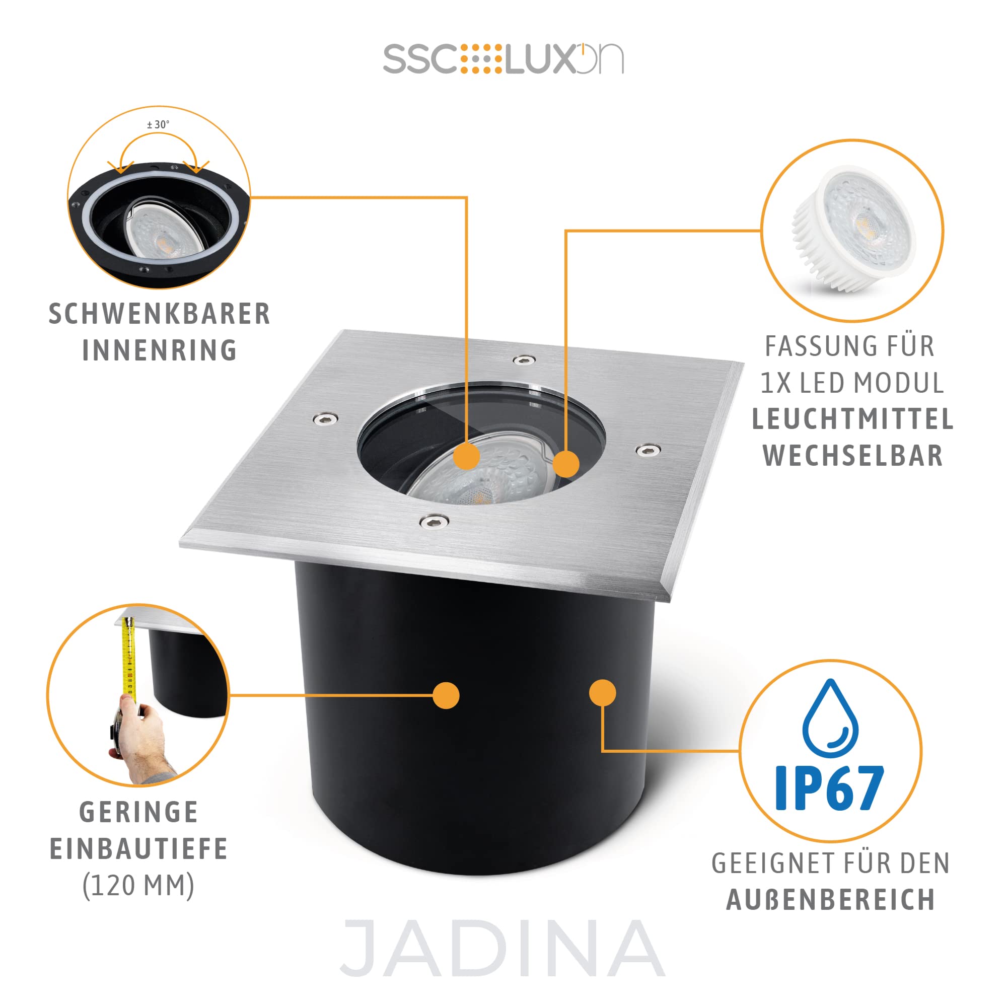 SSC-LUXon 4 Stück JADINA Boden Einbaustrahler flach schwenkbar Fassung für LED Modul - Bodeneinbauleuchte Außen IP67 quadratisch