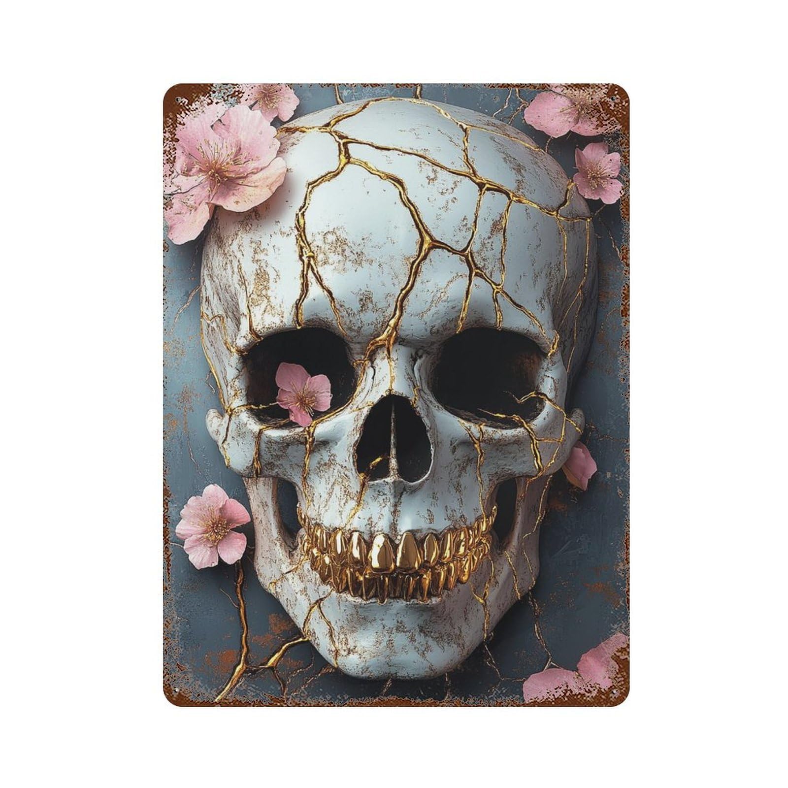 Rust Effect Gold Cracked Skull Decor Rusty Metal Tin Sign 15.7"x11.8", Farmhouse Wall Decor for Cafe, Home Bar And Lounge Decor