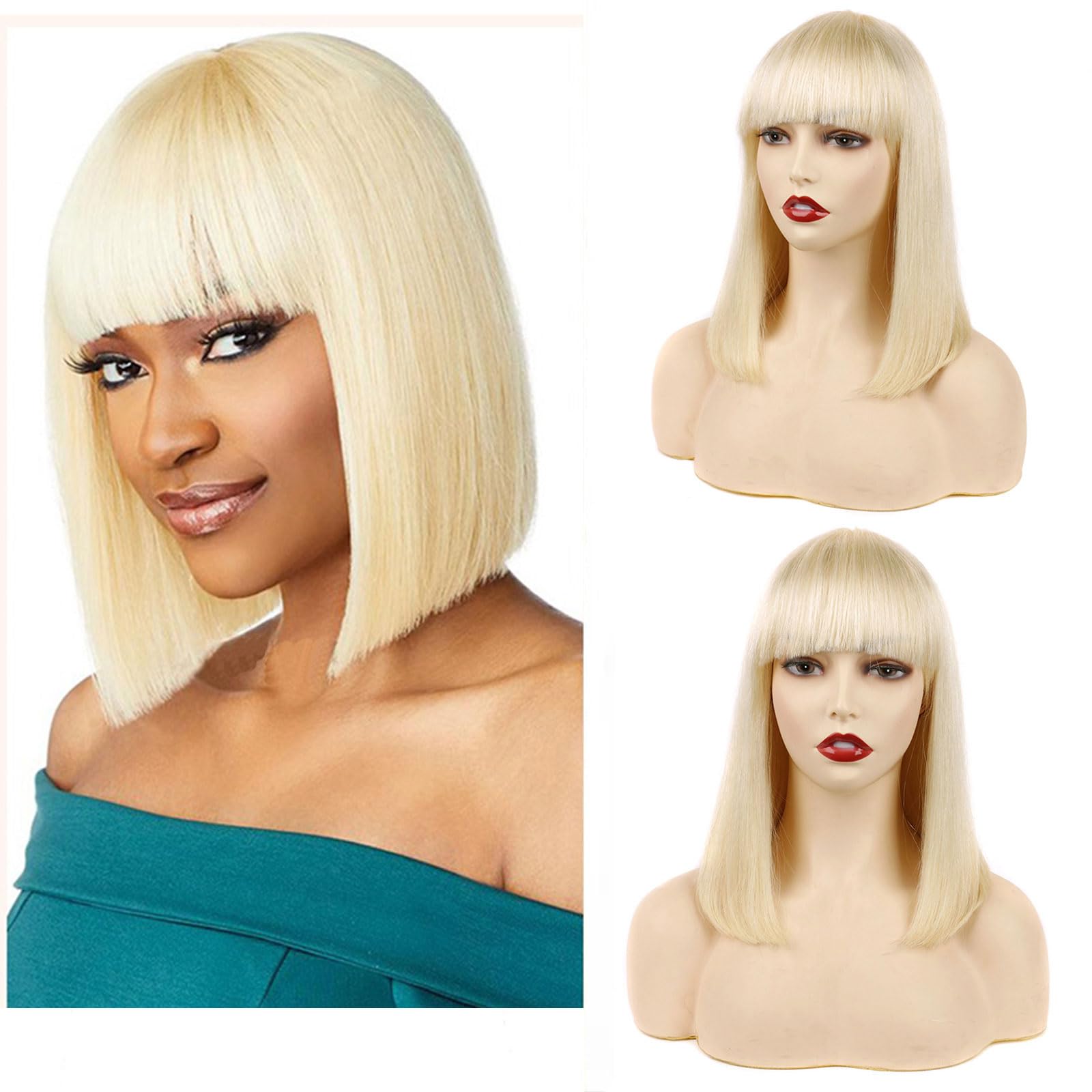 Huarisi 613 Straight Bob Human Hair Wigs with Bangs, 12 Inch Short Blonde Bob Wigs with Bangs None Lace, 8a Brazilian Virgin Hair Wigs for Women 150 Density Can be Trimed