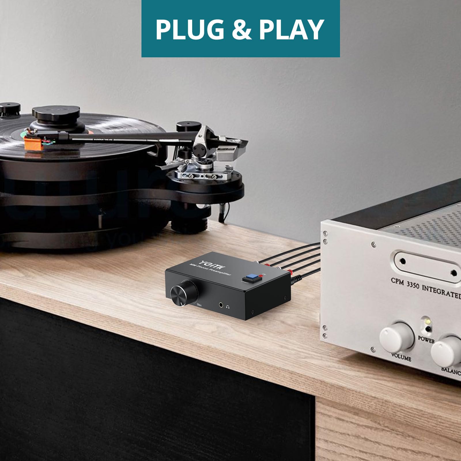 Préamplificateur Phono Mini Préamplificateur Stéréo Audio à Faible Bruit Préampli Phono pour Platine Vinyle avec Bouton de Volume, Entrée et Sortie RCA