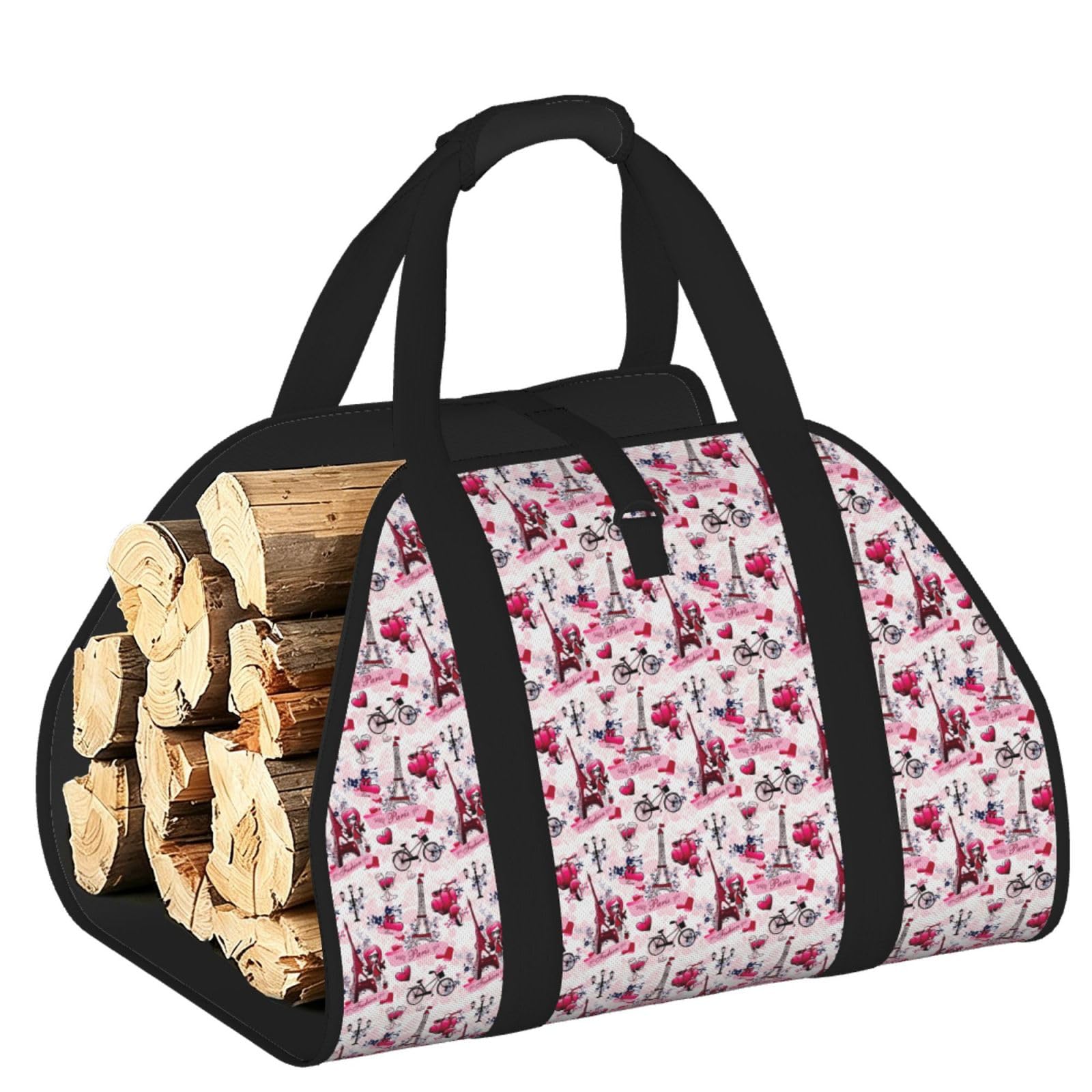 Ayyqwe Black Paris Eiffel Tower France Print Firewood Bag Wood Waterproof Versatile Camping Picnic Storage Daily Home