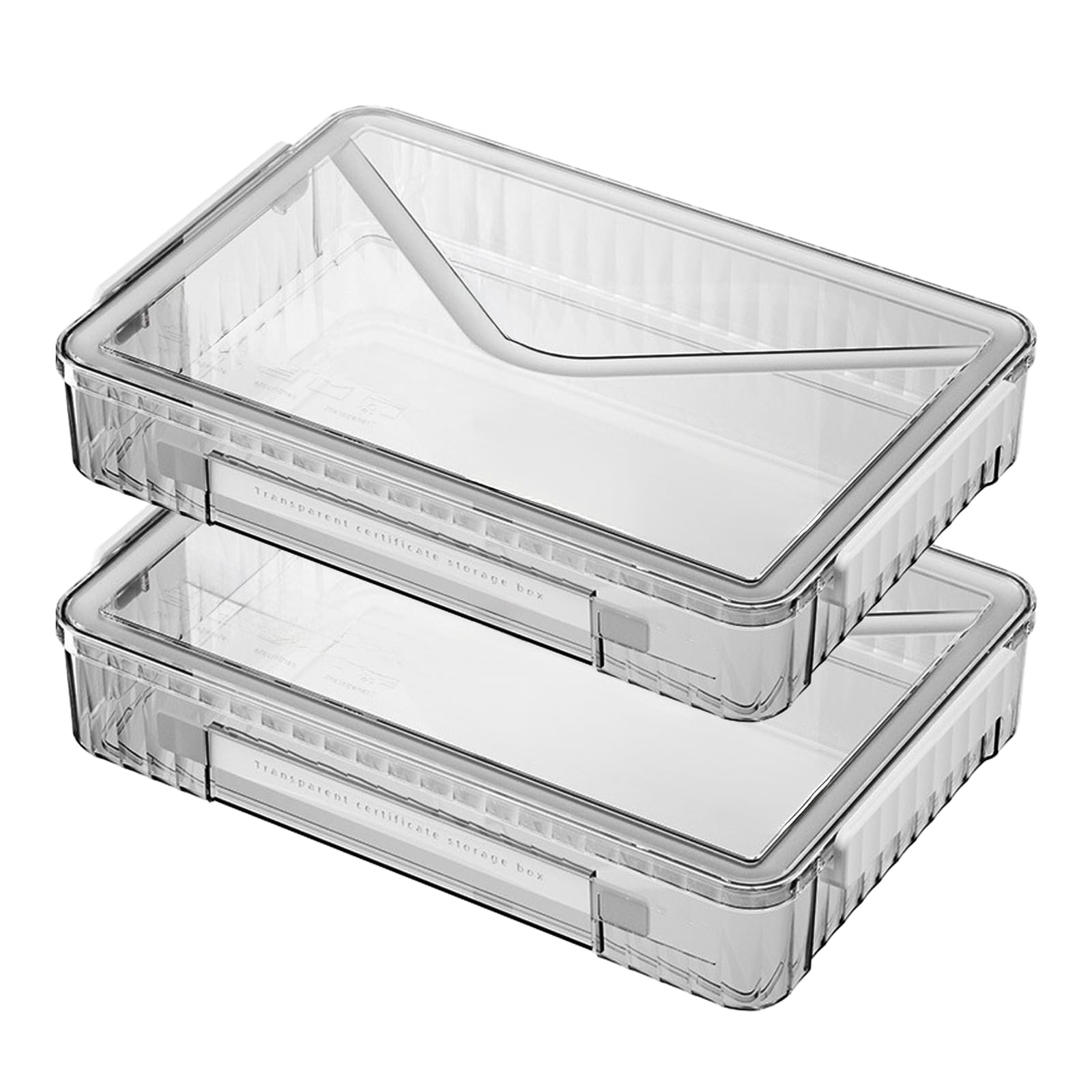 RHONZHAO 2 Pack Clear Plastic File Boxes w/Latching Lids, Stackable A4 Storage (‎White Latches, Large)