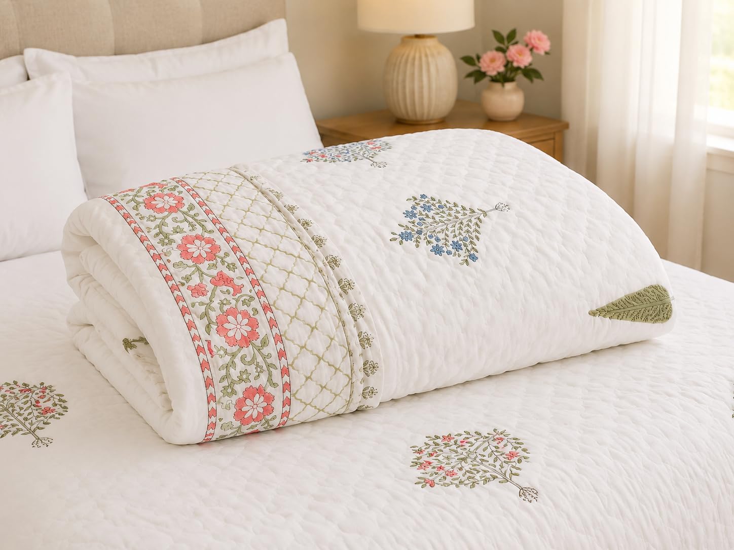 Luxury Cotton Single Bed Quilt Floral Printed Lightweight Comforter | Soft & Breathable, All Season Bedding, 152 x 229 cm, 60 x 90 Inches-image-7
