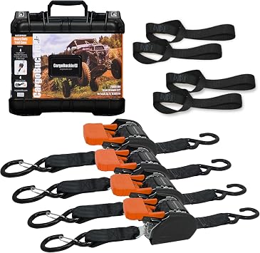 CargoBuckle Trailcase Deluxe Retractable Ratchet Straps, Tie-Down Ratcheting System Includes 4 Straps, 4 Soft Loop Hook Converters & Weatherproof Case, for Loads Up to 10,000 lbs 2-Inch
