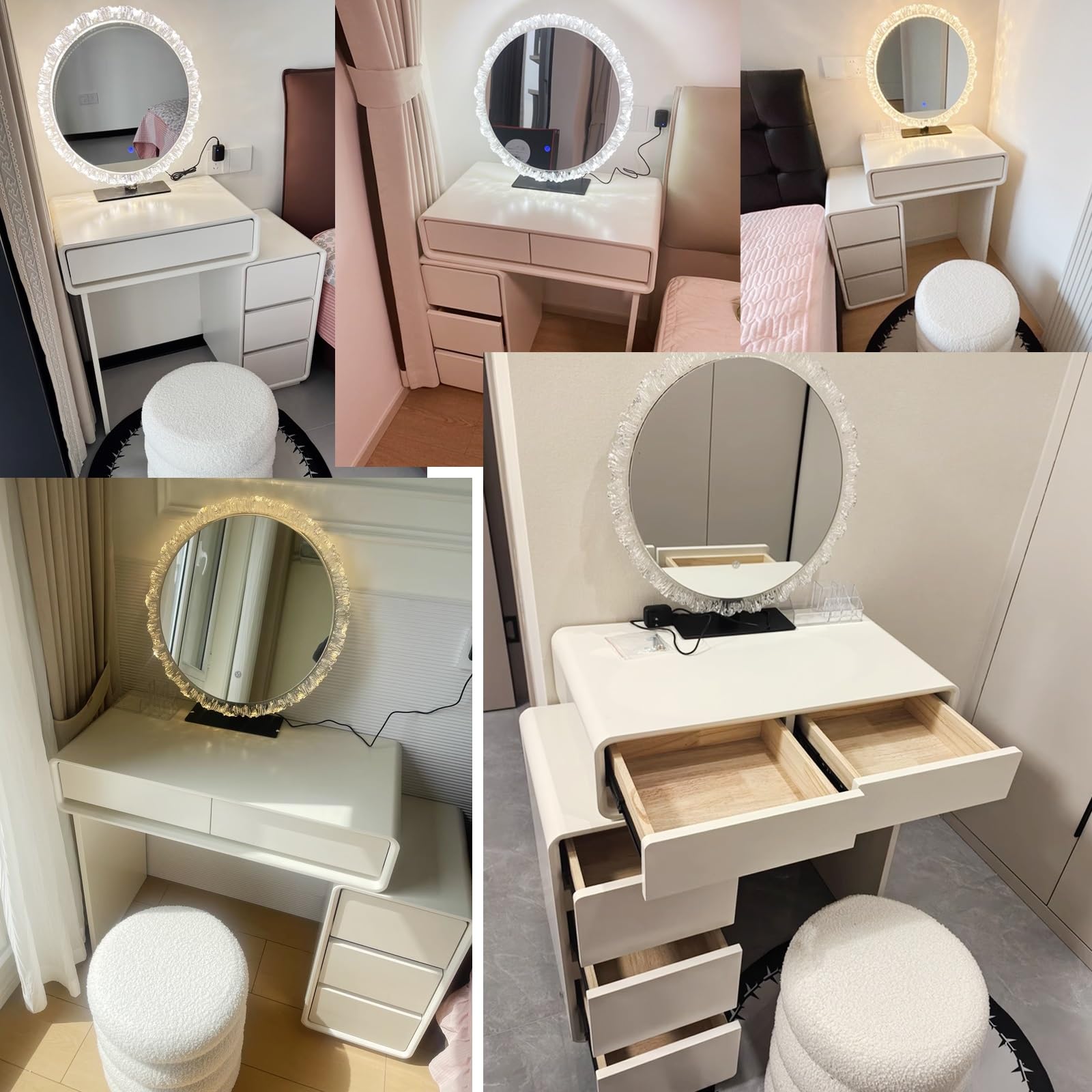 Moderno set da trucco illuminato con sgabello e armadiettoElegante tavolo da trucco in 3 colori per camera da letto, design compatto (80 cm) perfetto per gli amanti della bellezza e piccoli spazi