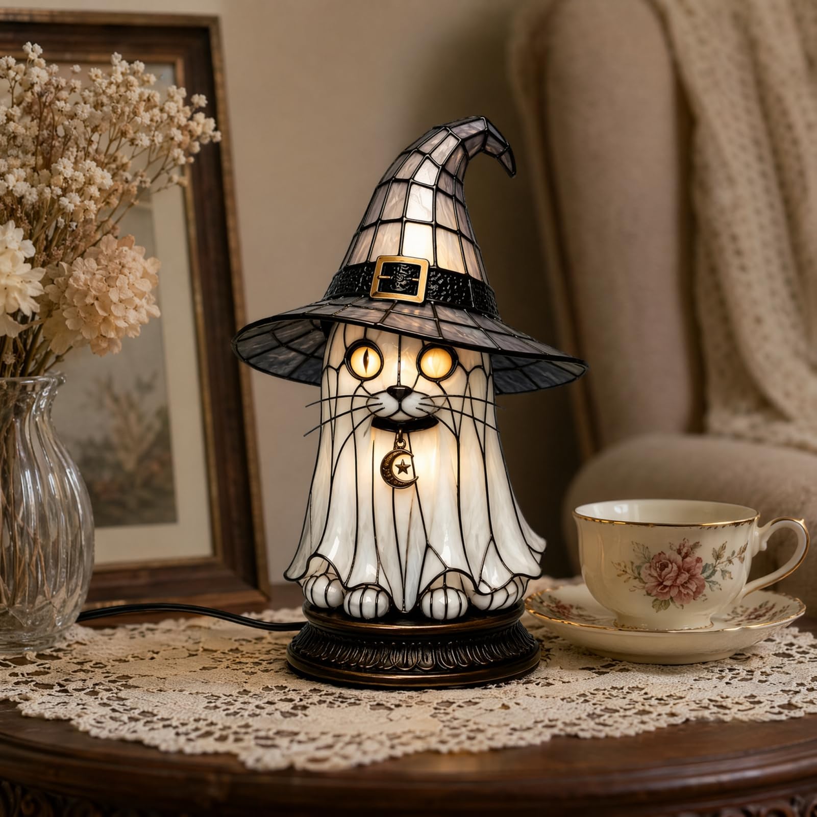 Lampa z witrażowego kapelusza czarownicy, lampka nocna na Halloween z czarnym kotem, duchem i krukiem, gotycka lampa stołowa retro z żywicy syntetycznej do sypialni, regał na książki i