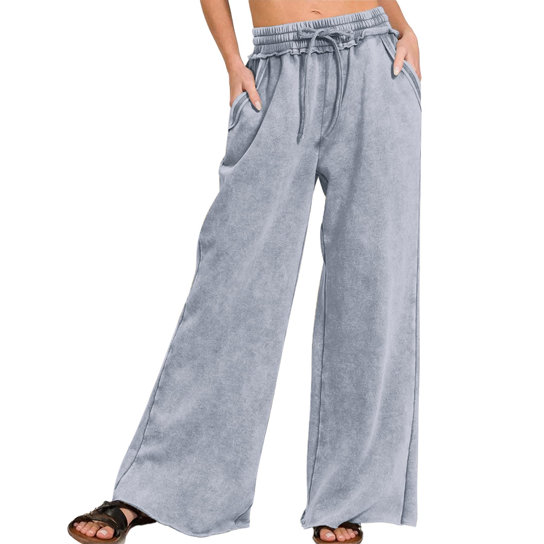 Womens Acid Wash Palazzo Sweatpants Casual High Waist Washed Wide Leg Pants Baggy Drawstring Trousers with Pockets