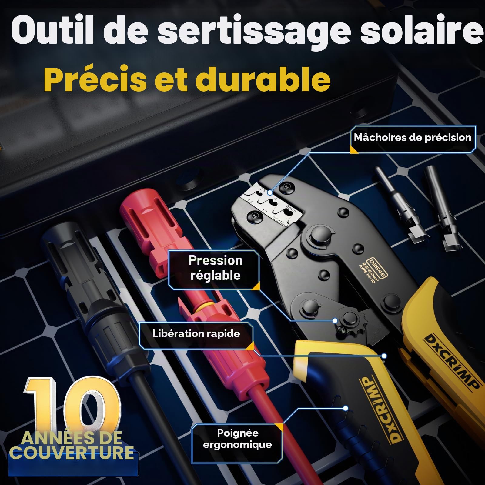 DXCRIMP GF-10Z Kit de Sertissage pour Câble Solaire 2,5/4/6 mm², Module PV, Avec Pince à Dénuder, Prise, Clé, Boîte à Outils Incluse