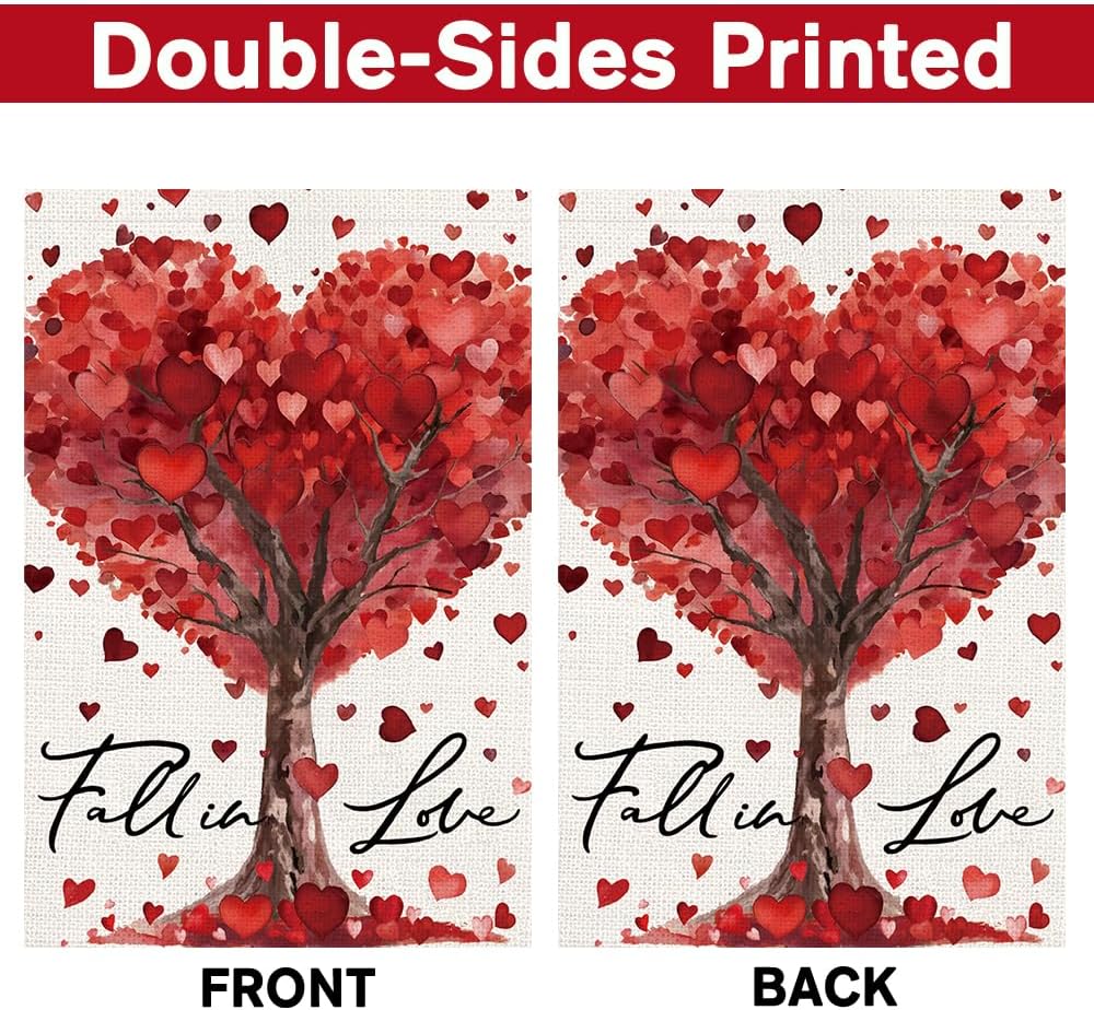 Valentine's Day Red Love Heart Tree Garden Flag 12x18 Inch, Fall In Love Anniversary Holiday Garden Flag for Outside Wedding Farmhouse Yard Decoration - Image 3