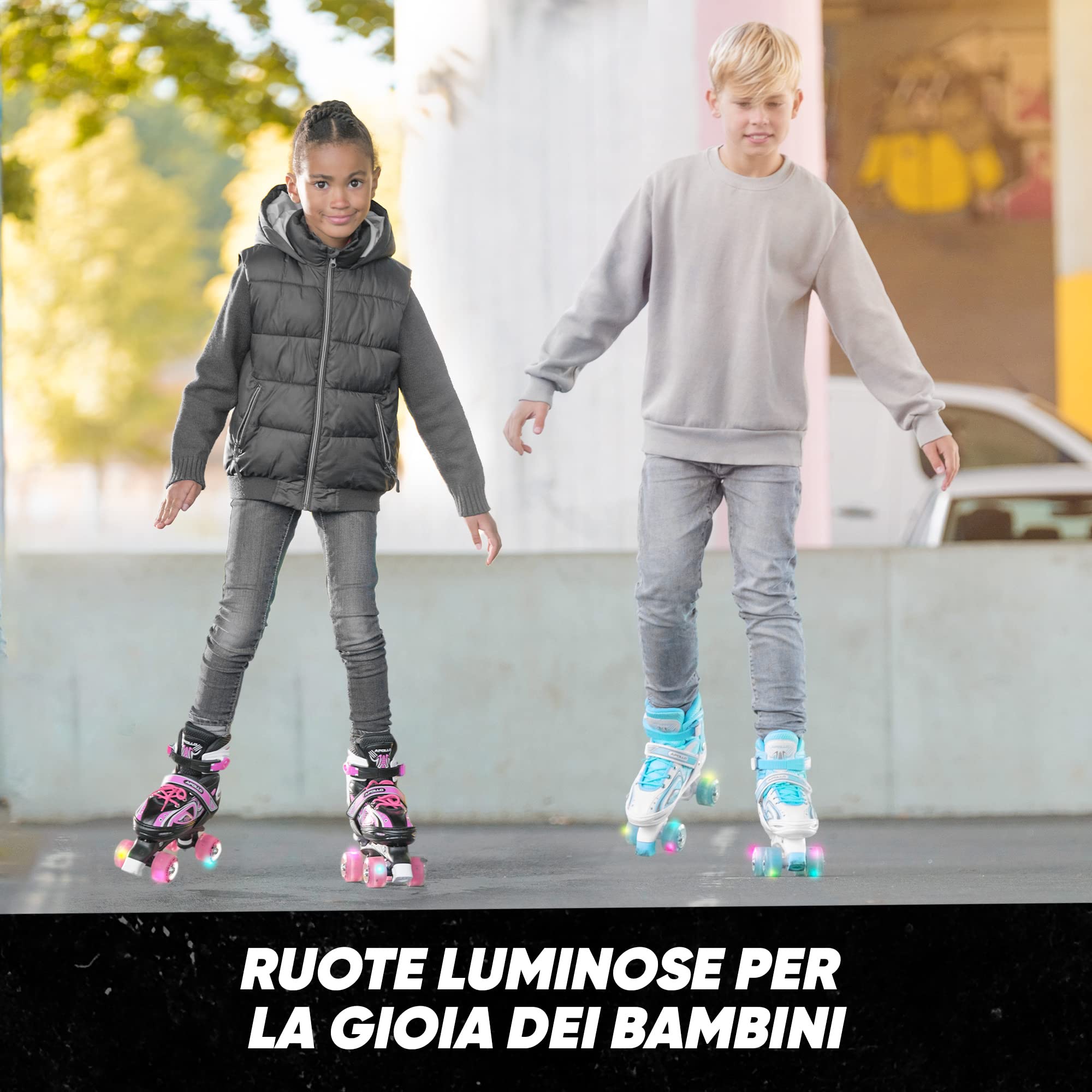 Apollo Super Quad X PRO, Pattini a rotelle LED per Bambini e Ragazzi, Ideali per Principianti, Comodi Pattini a rotelle per Bambine e Bambini