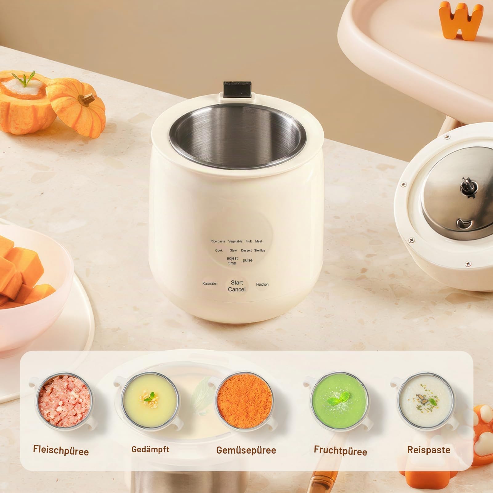 Multifunktionaler Babybrei Zubereiter, 4 in 1 Dampfgaren Mixen Aufwärmen Erwärmen aus 316 Edelstahl zur schnellen und gesunden Babybrei Zubereiter für Zuhause und Reisen 350 ml Fassungsvermögen