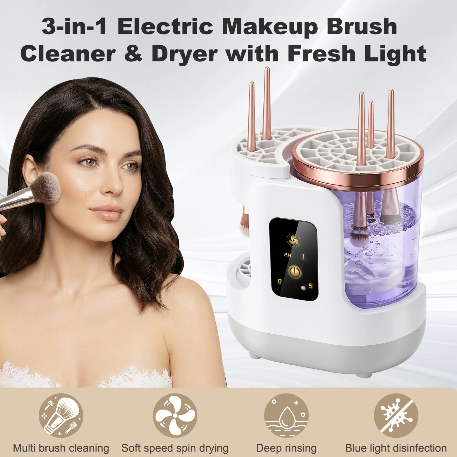 2026 Aggiornato 3 in 1 Spazzola Elettrico Trucco Pulitore e Asciugatrice, Macchina Automatica per Pulizia Profonda Spazzola per Tutte le Dimensioni, Alimentato USB Portatile Spazzola Cosmetica