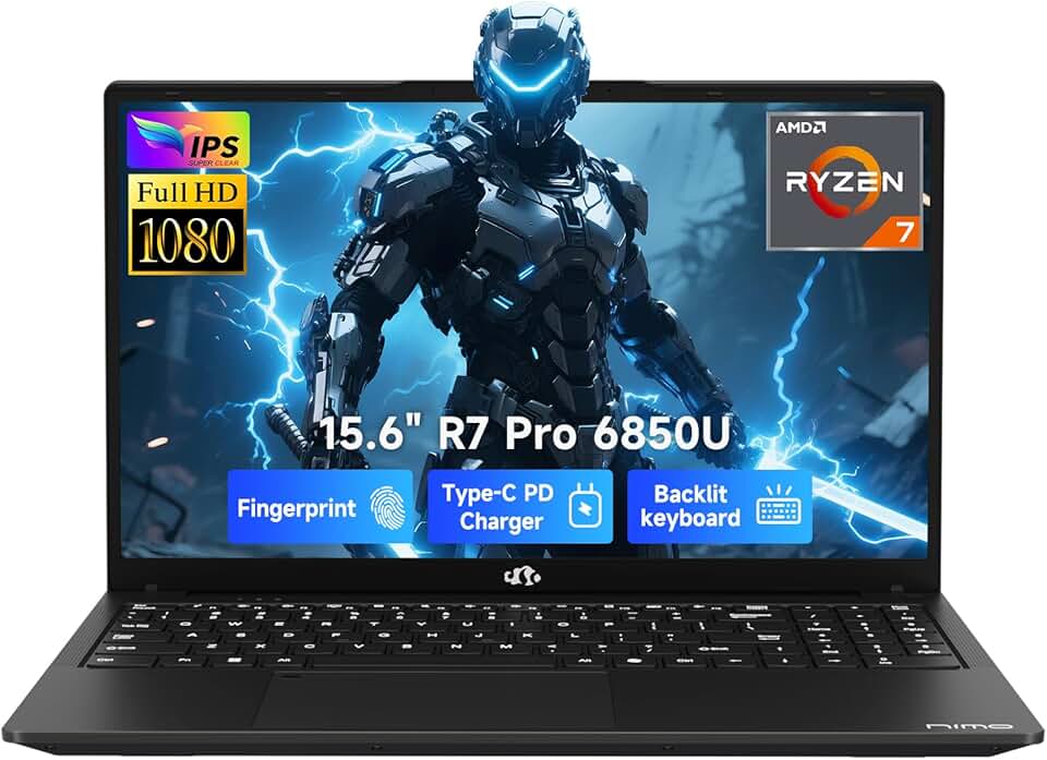NIMO 15.6" Light-Gaming-Laptop, 8 Cores Ryzen 7 Pro 6850U 32GB LPDDR5 RAM 1TB SSD (Beat i7-1360P Up to 4.7GHz) Radeon 680M GPU IPS FHD Computer with 100W Type-C Backlit Keyboard Fingerprint