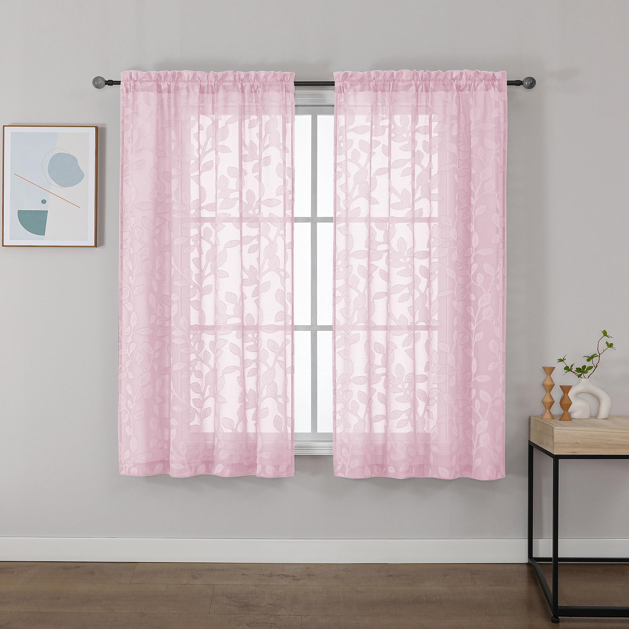 OVZME Sheer Curtains in Blush Pink, 54" long, 2-pack, Jacquard with Leaf Pattern, semi-transparent and light-permeable, ideal for living room or bedroom, each curtain 42 x 54" โ image 1