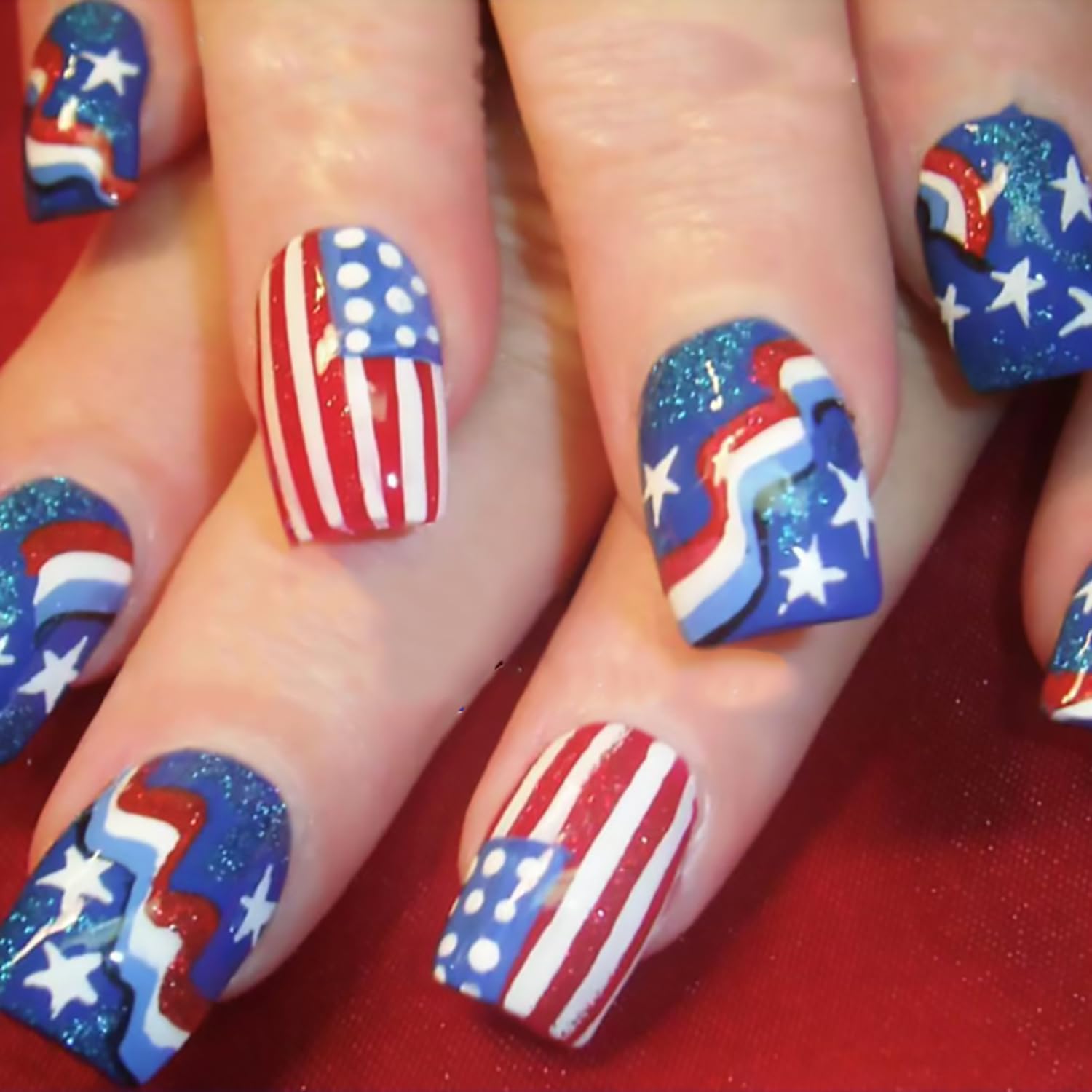 Independence Day Press on Nails Short Square Red Blue white Stripe Fake Nail with American Flag Designs 4th of July Patriotic False Nails Star