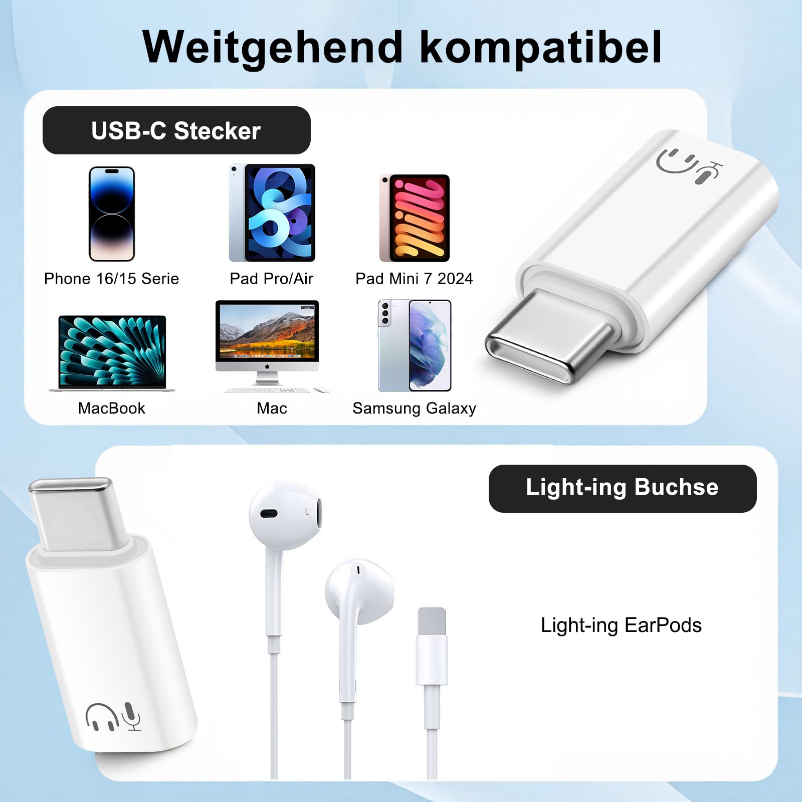 Adattatore audio da Lightnning a USB-C per iPhone 17/16/15 serie, iPad, Galaxy e USB-C dispositivi, qualità audio Hi-Fi, controllo in linea, Plug and Play, bianco