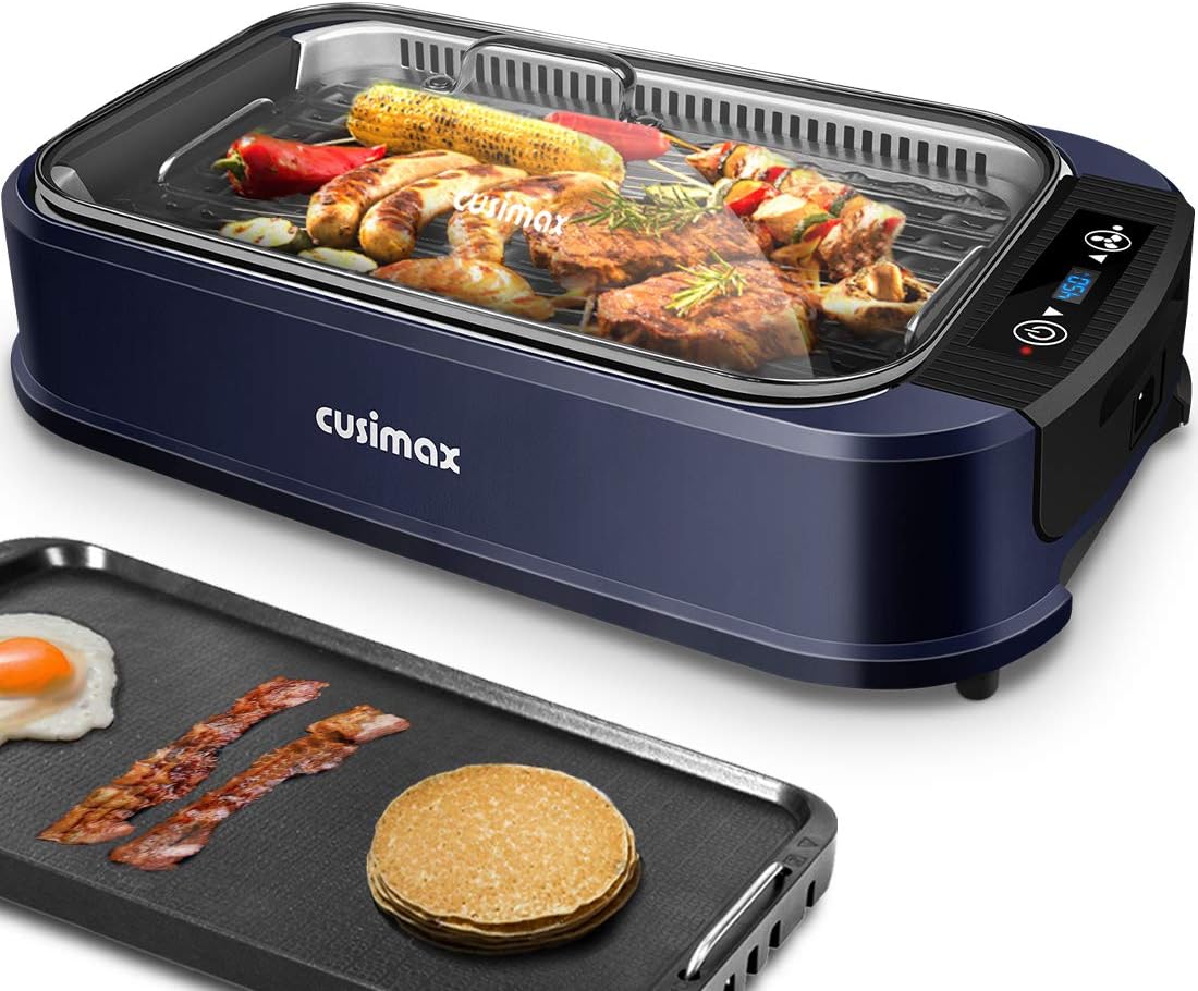 Indoor Grill Electric Grill Griddle CUSIMAX Smokeless Grill, Portable Korean BBQ Grill with Turbo Smoke Extractor Technology, Non-stick Removable Plates, Dishwasher-Safe, Tempered Glass Lid,1500W