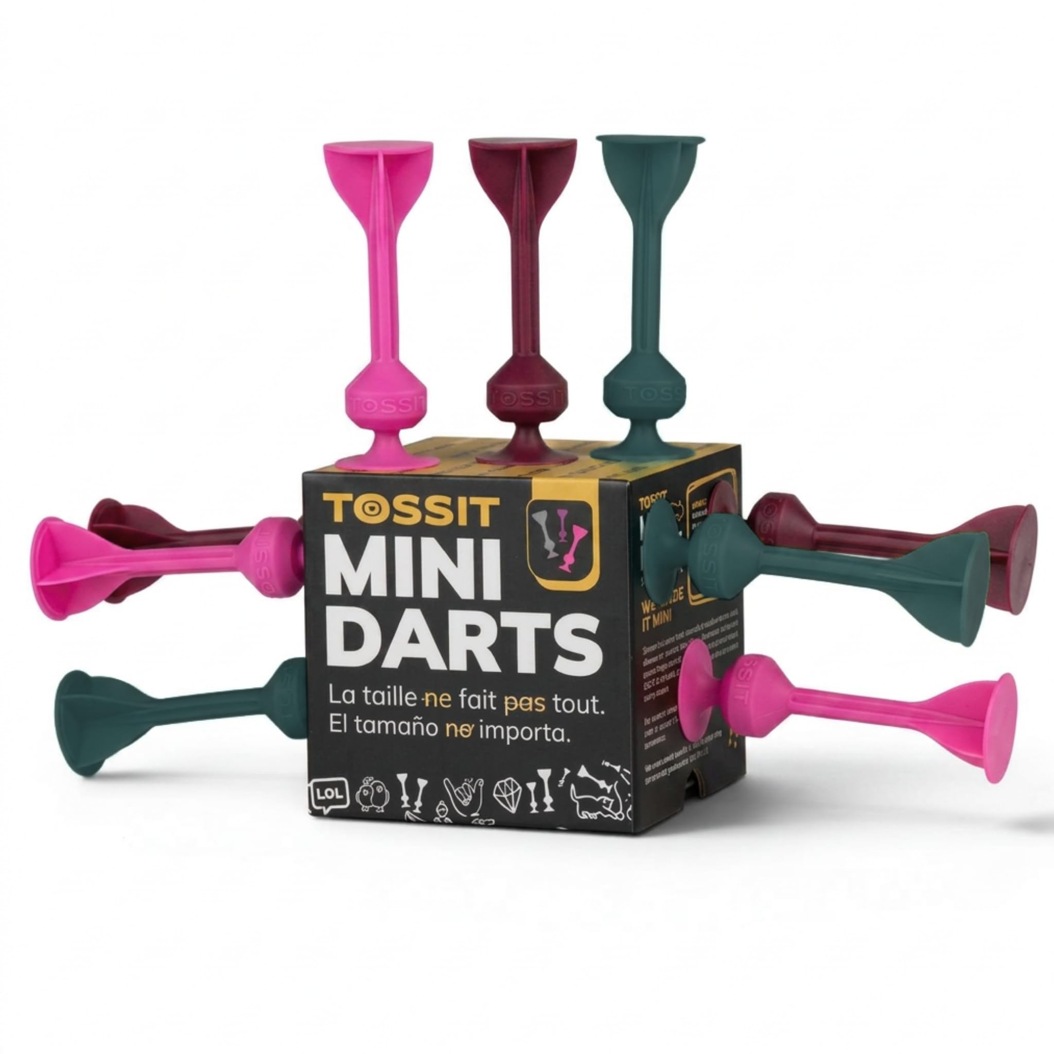 TOSSIT Mini Darts, Saugnapf-Dartspiel, Pétanque Indoor Outdoor für Wand und Boden, Robustes Silikon, Gesellschafts- und Reisespiel, 9 Darts, 3 Farben