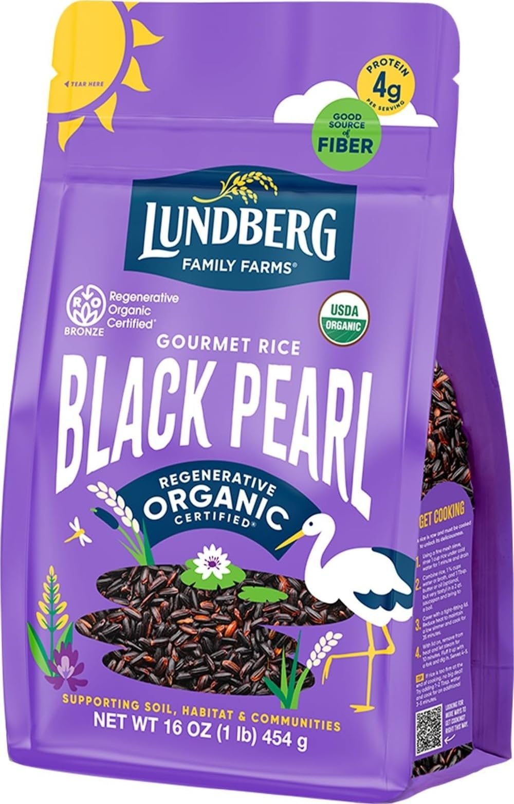 Lundberg Black Pearl Rice, Regenerative Organic Certified โ Full-Bodied Black Rice, Responsibly Grown in California, 16 Oz