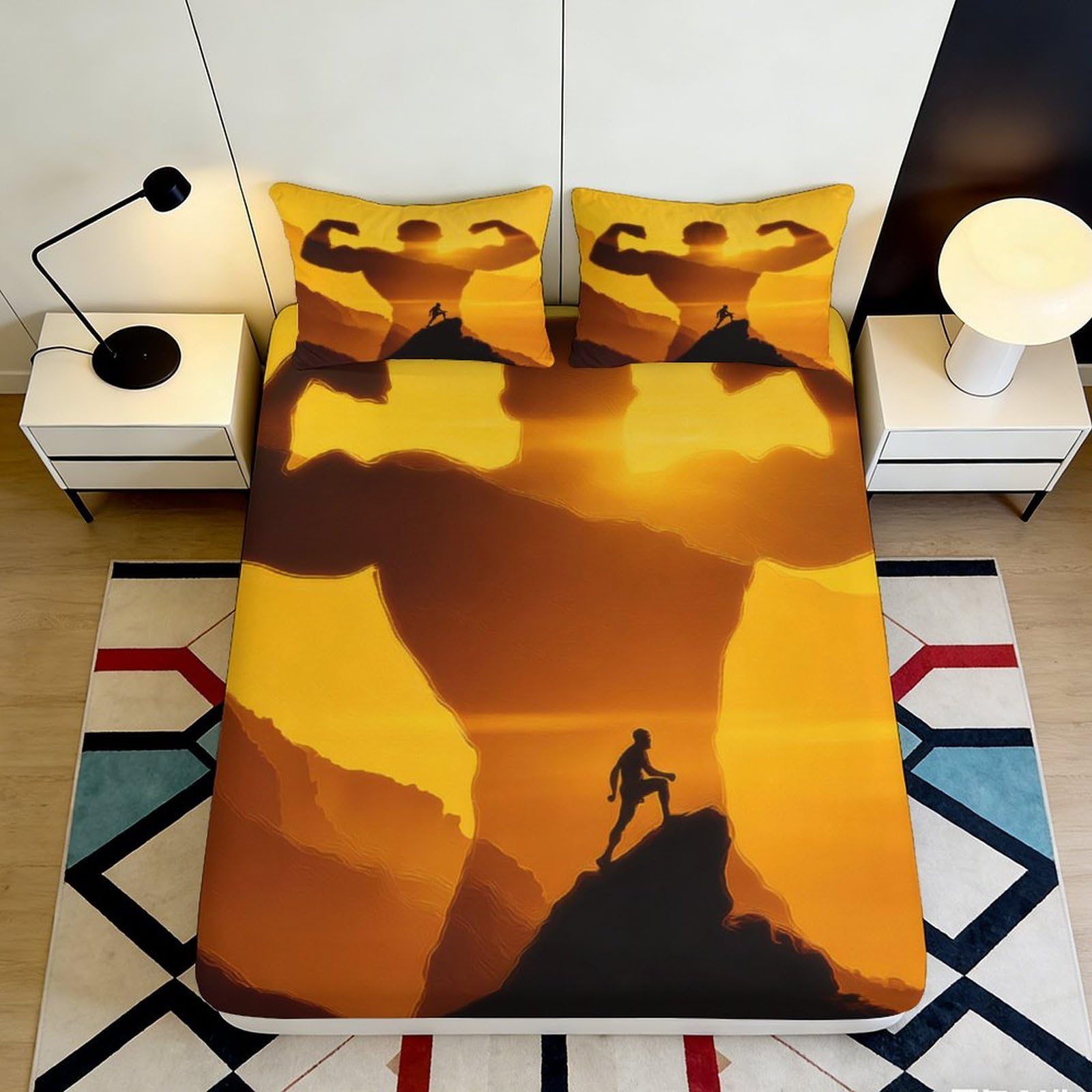 3D Printed Sunset Silhouette Fitted Sheet Microfiber Soft Breathable Mountain Shadow Bed Cover for Bedroom Dormitory Guest Room Mattress Protection 160x200x25cm