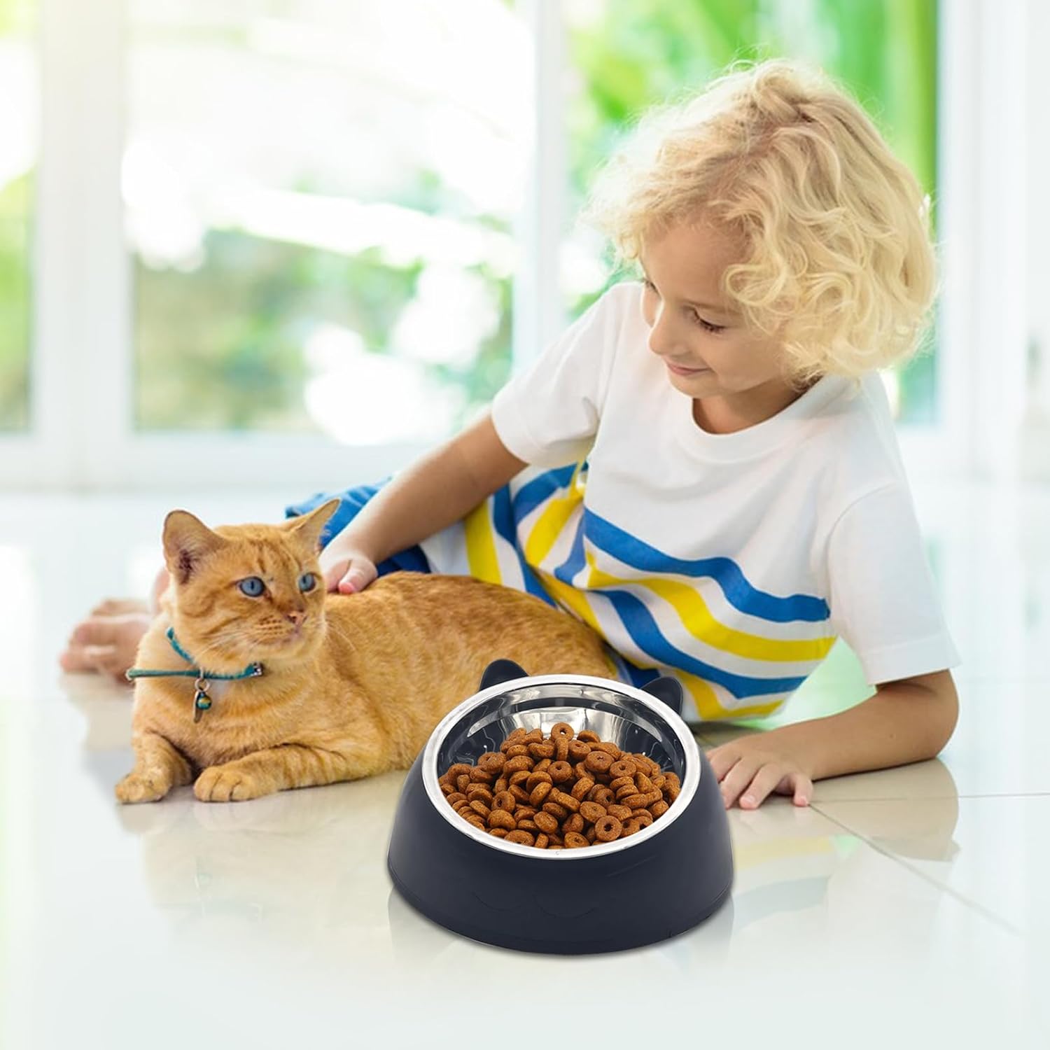 Hamiledyi Raised Cat Bowls 4 PCS - 15° Tilted Elevated Stainless Steel Food & Water Bowls for Anti-Vomiting, Spill Proof - Detachable Pet Dish Set for Cats/Kittens Feeding (Black+White, 200+400 ML)