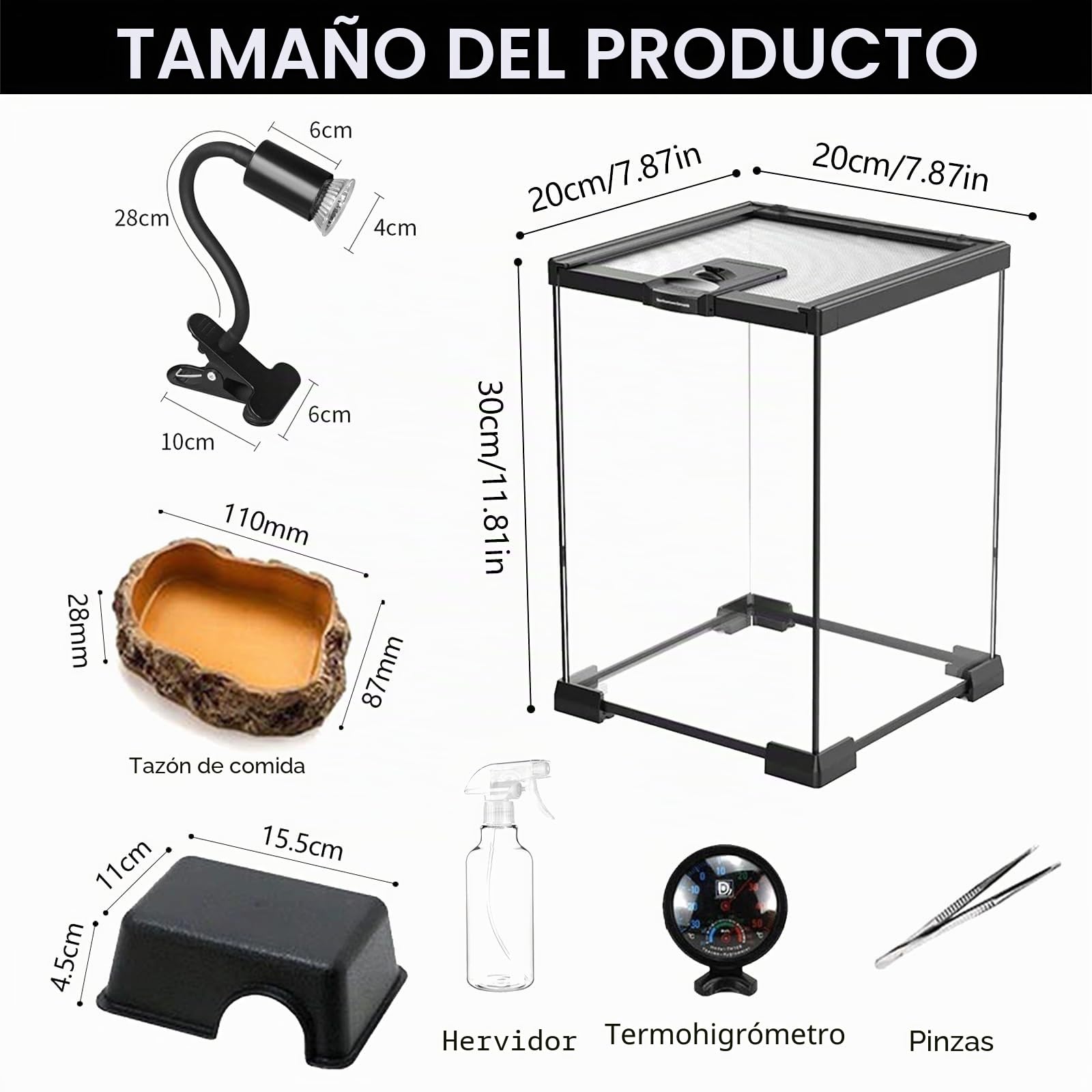 Set de Terrario, Terrario Reptiles de Vidrio de 20 x 20 x 30 cm Kit de Terrarios con Lámpara para Reptiles Termómetro Tanque Pequeño con Diseño de Piedras Comedero Pinzas y Regadera Pequeña