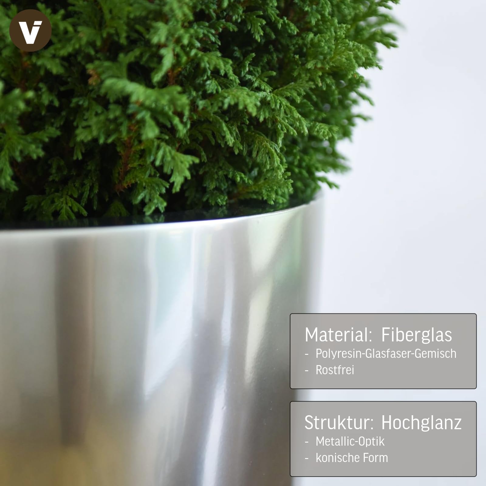 VIVANNO Pflanzkübel Pflanzgefäß Blumenkübel Fiberglas Silber Metallic OPALA (55x40)