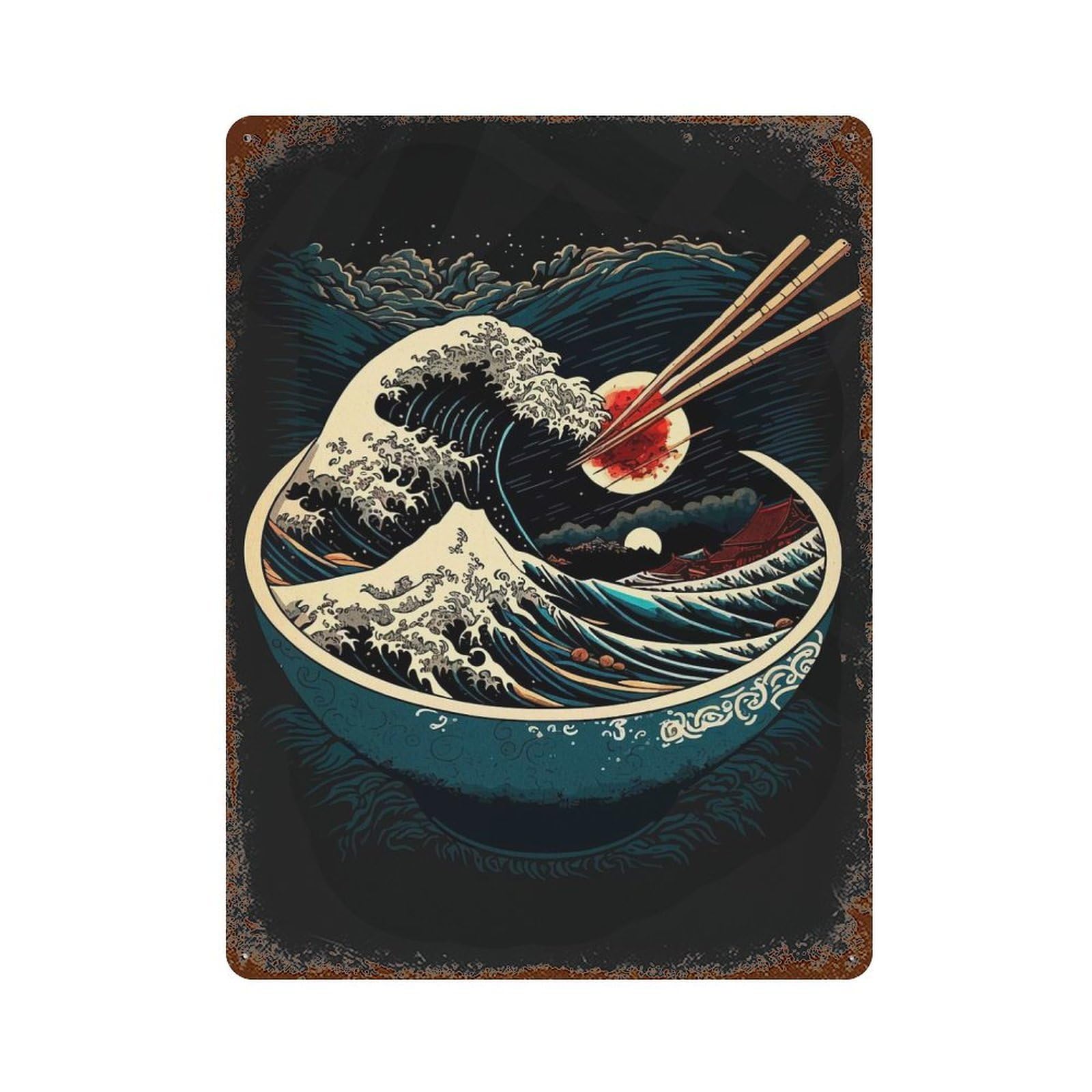 Rustic Tin Plaque Ramen Bowl with Great Wave 15.7"x11.8", Rustic Home Decor for Office, Studio And Wall Decor
