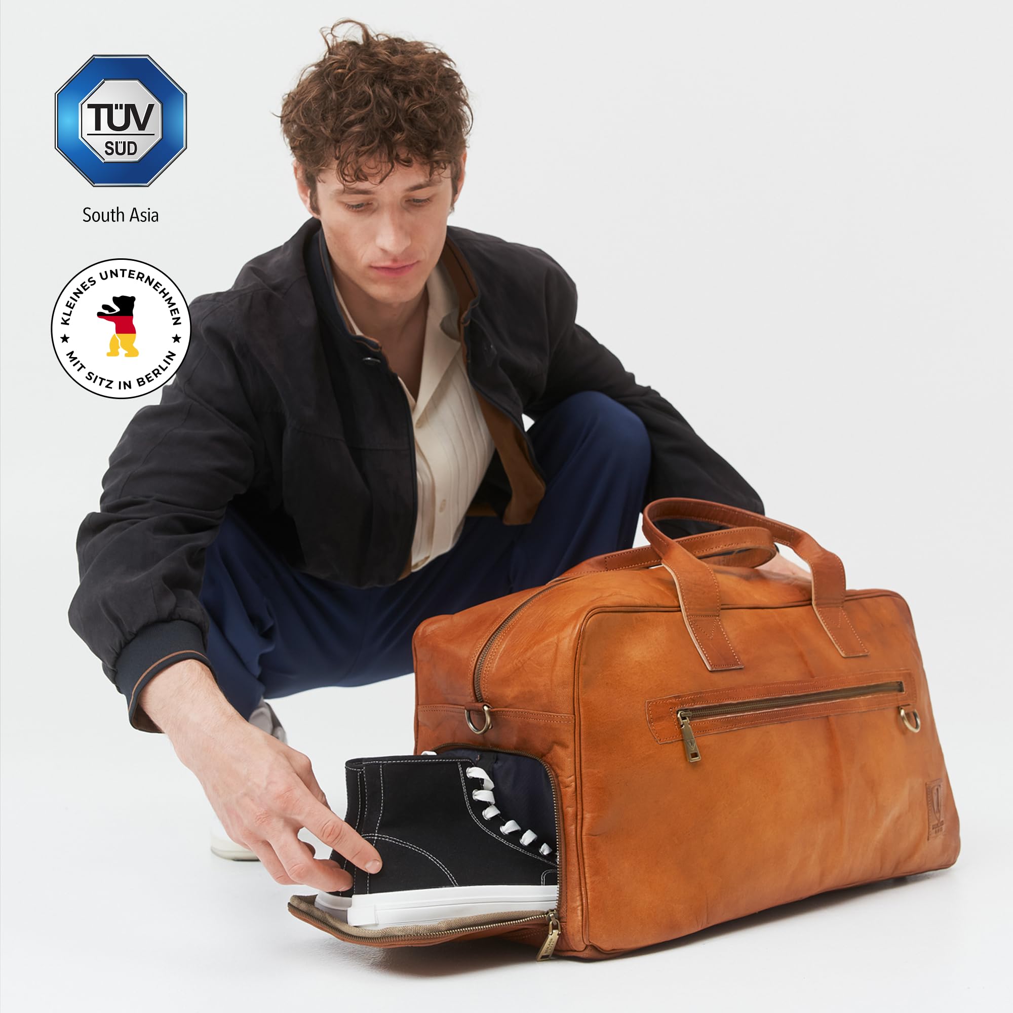 Berliner Bags Vintage Weekender Austin XL mit Schuhfach aus Leder, Reisetasche für Damen und Herren - Braun