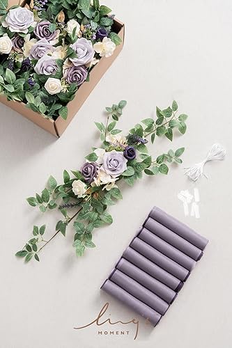 Miniatura 8 de Ling's Moment 8 decoraciones para sillas de boda, pasillo, iglesia, flores artificiales, botín verde, lila, morado, dorado, banco, ceremonia,