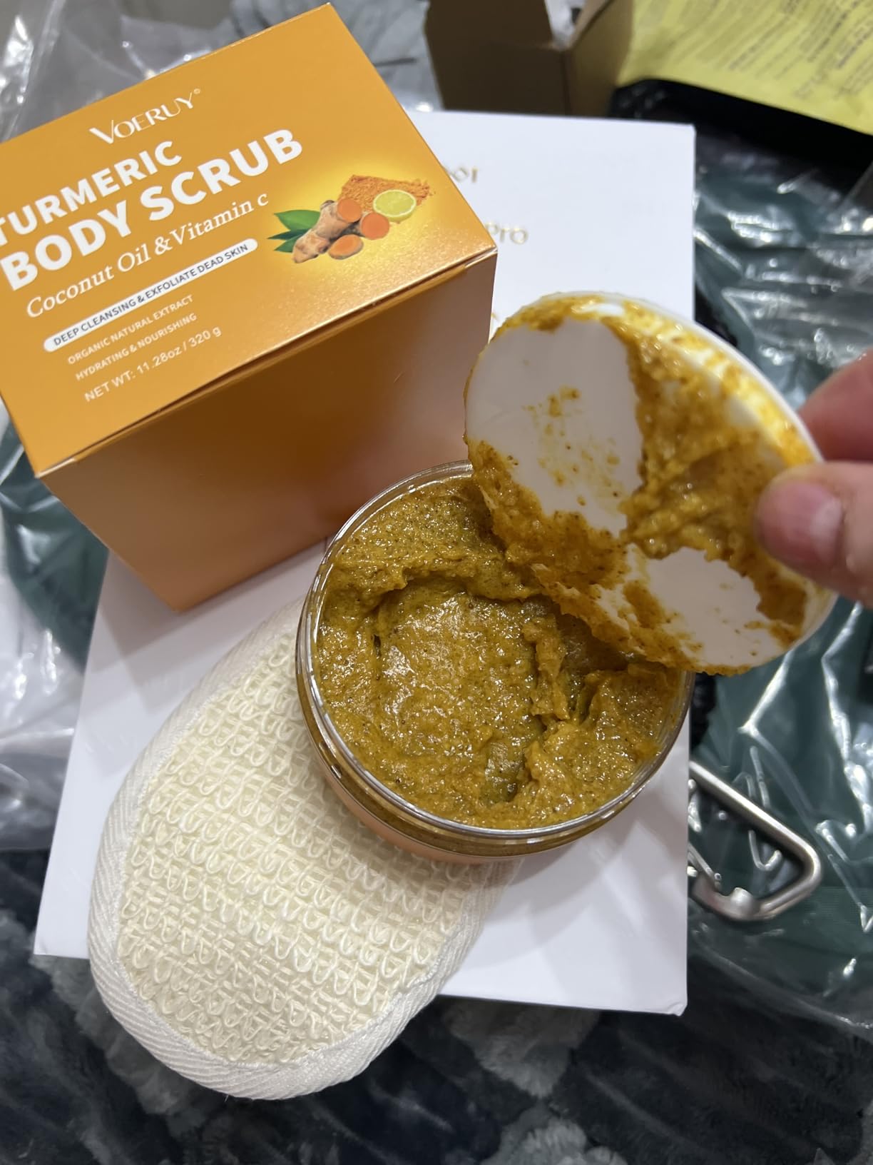 VOERUY Body Scrub, Turmeric Exfoliating Body Scrub, with Coconut Oil & Vitamin C, Bikini Area Exfoliator Gently Exfoliate Body Hand and Foot Scrub, Moisturized Skin for Women and Men, 11.28oz/320g