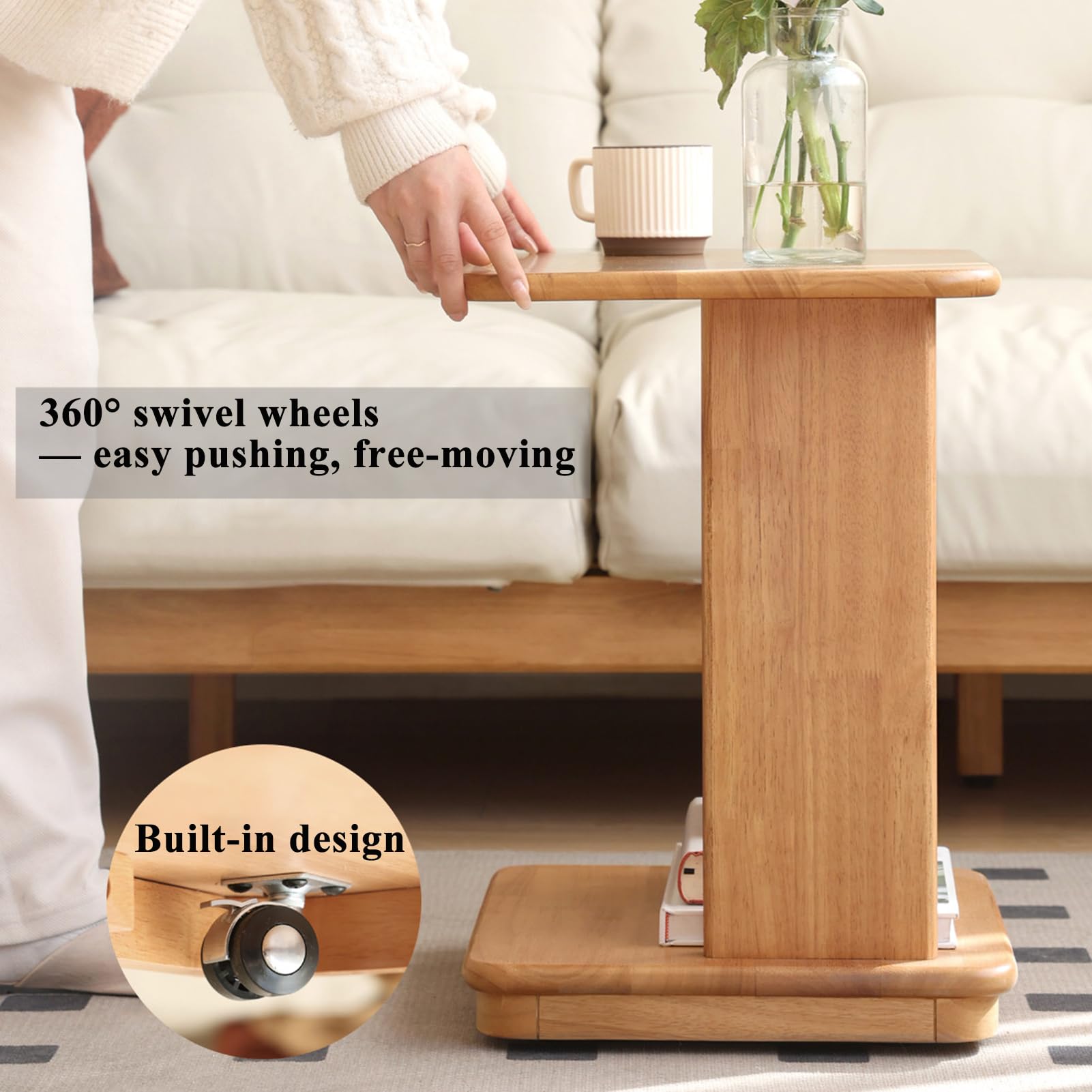 Mesita Auxiliar en Forma de C de Madera Maciza con Ruedas y Dos Niveles | Mesa de Centro Pequeña Móvil para Salón, Sofá o Sillón | Fácil de Mover y Ahorra Espacio | 35x45x50 cm (Color natural)