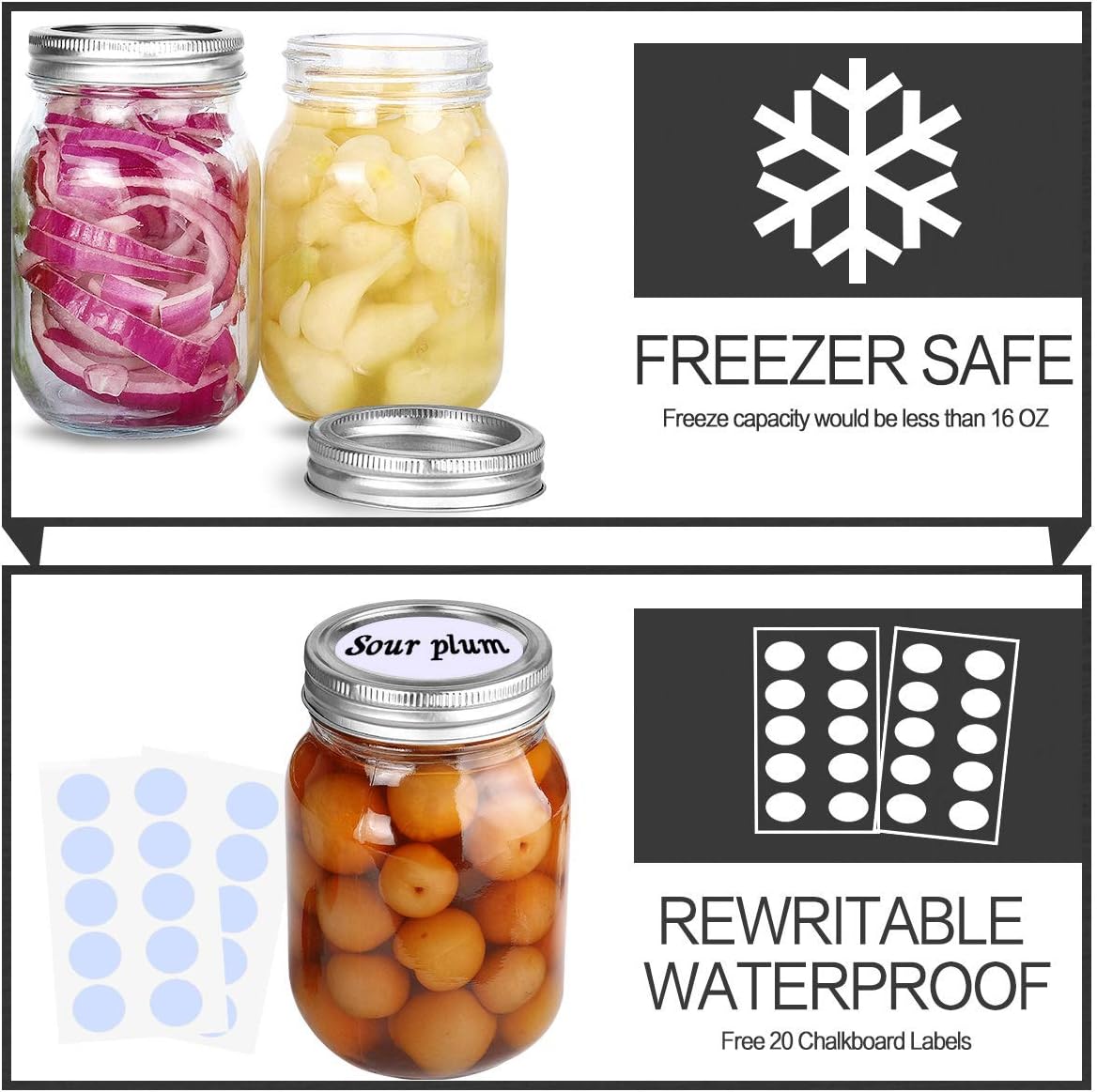 KAMOTA 16oz, Regular Mouth Mason Jars, 12 Pack Silver Lids & Bands