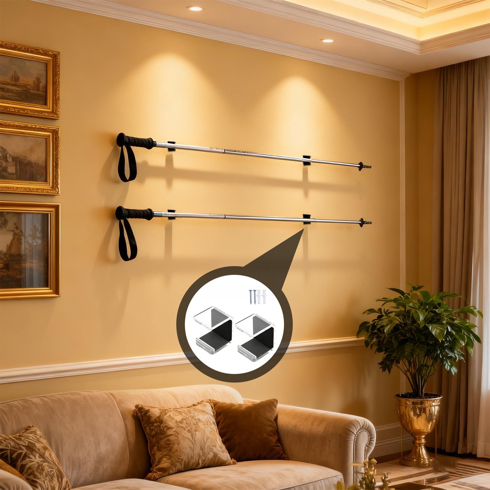 2-Piece Horizontal Hockey Stick Wall Mount Hook - Sport Equipment Holder with Anti-Scratch Pad for Garage Storage