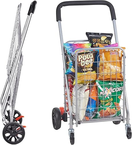 Miniatura 10 de VEVOR Carrito de compras plegable, capacidad de carga máxima de 66 libras, carrito utilitario de comestibles con ruedas giratorias giratorias, cesta