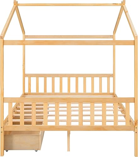 Miniatura 34 de P PURLOVE Cama de casa de tamaño individual para niños, adolescentes, cama de plataforma de madera con cabecero y estribo, cama de piso para niños